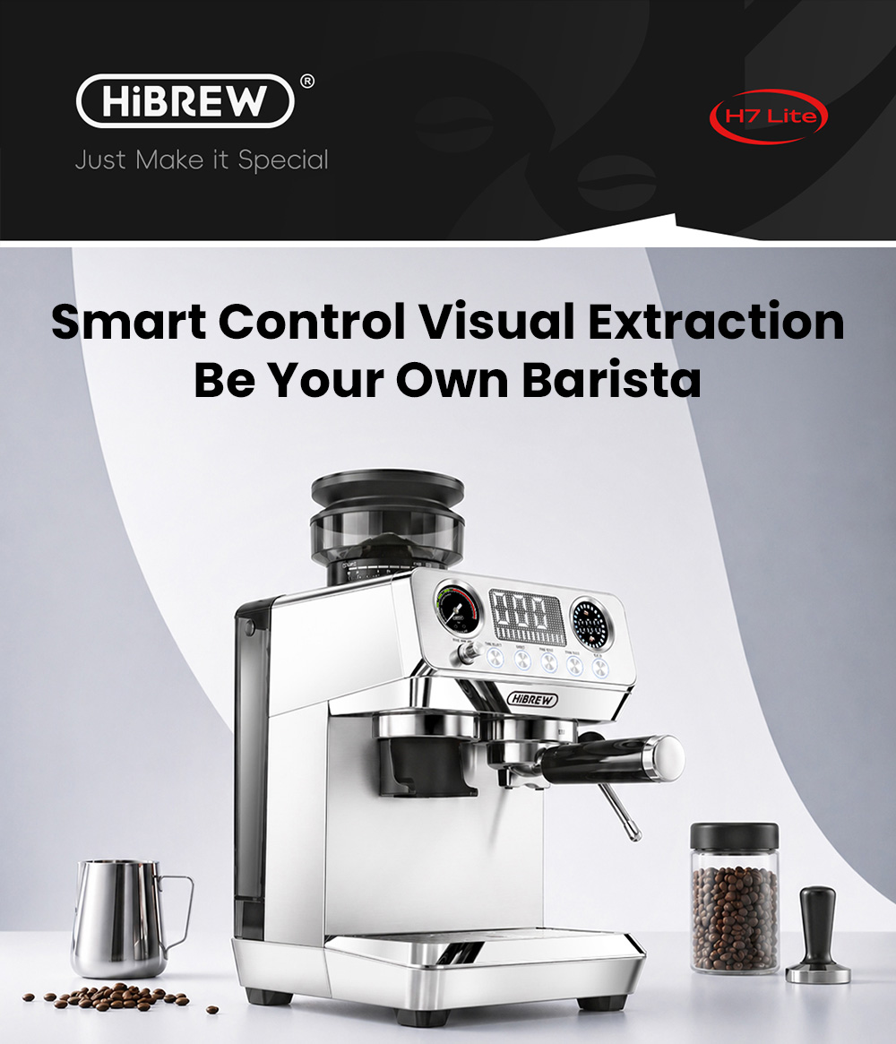 HiBREW H7 Lite f&eacute;lautomata k&aacute;v&eacute;főző dar&aacute;l&oacute;val, 20 Bar-os pump&aacute;val, 1350 W-os k&aacute;v&eacute;főz&eacute;si teljes&iacute;tm&eacute;nnyel, 1,8 literes v&iacute;ztart&aacute;llyal, 250 g-os k&aacute;v&eacute;babtart&aacute;llyal, 44-szintű őrl&eacute;sbe&aacute;ll&iacute;t&aacute;ssal, 51 mm-es portafilterrel, gőz&ouml;lőp&aacute;lc&aacute;val, LED hőm&eacute;rs&eacute;kletkijelzővel