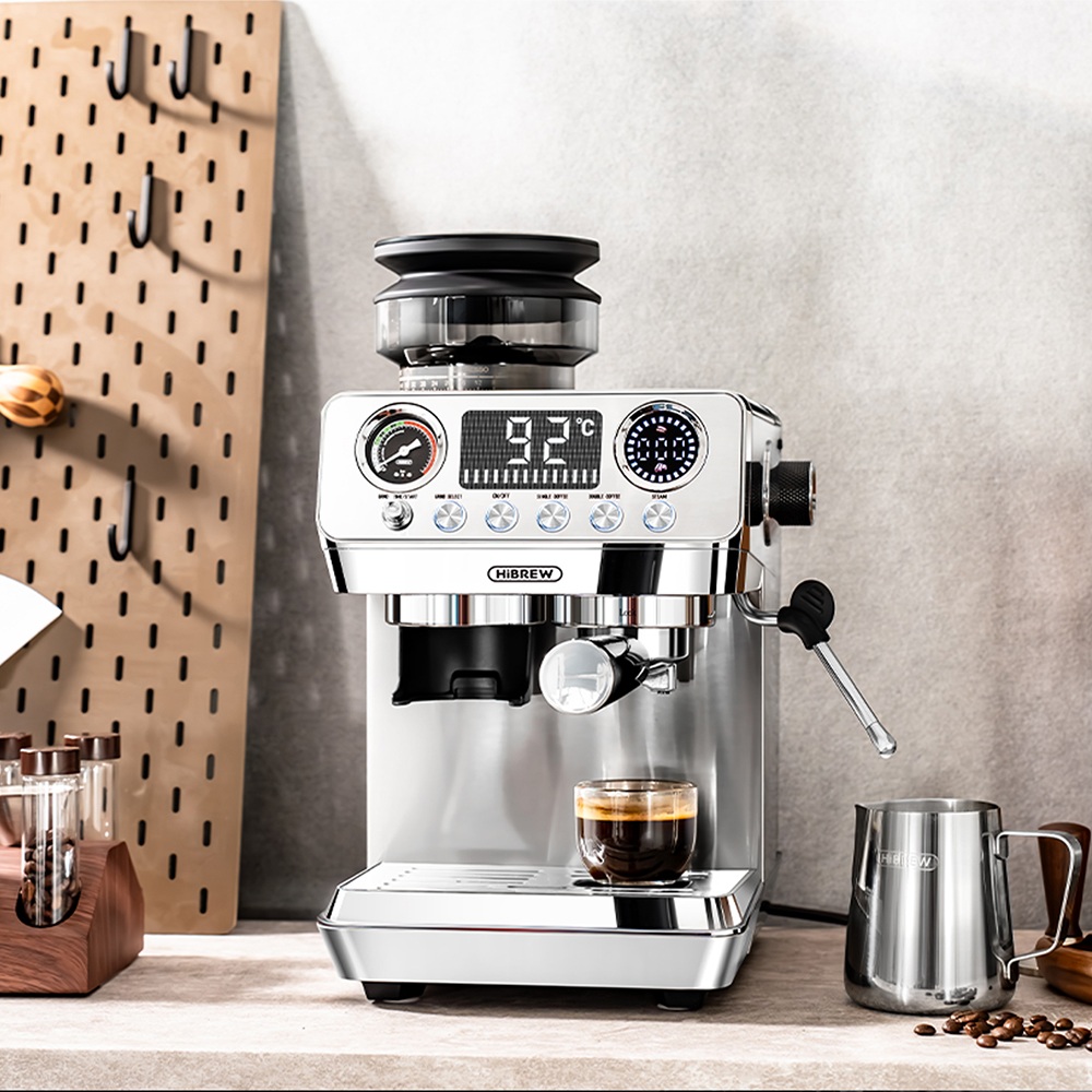 HiBREW H7 Lite f&eacute;lautomata k&aacute;v&eacute;főző dar&aacute;l&oacute;val, 20 Bar-os pump&aacute;val, 1350 W-os k&aacute;v&eacute;főz&eacute;si teljes&iacute;tm&eacute;nnyel, 1,8 literes v&iacute;ztart&aacute;llyal, 250 g-os k&aacute;v&eacute;babtart&aacute;llyal, 44-szintű őrl&eacute;sbe&aacute;ll&iacute;t&aacute;ssal, 51 mm-es portafilterrel, gőz&ouml;lőp&aacute;lc&aacute;val, LED hőm&eacute;rs&eacute;kletkijelzővel