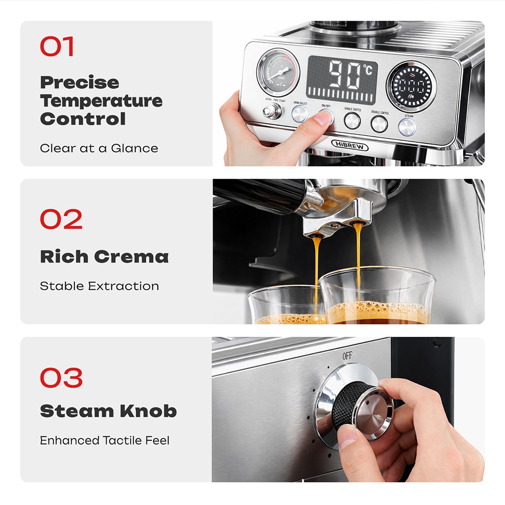 HiBREW H7 Lite f&eacute;lautomata k&aacute;v&eacute;főző dar&aacute;l&oacute;val, 20 Bar-os pump&aacute;val, 1350 W-os k&aacute;v&eacute;főz&eacute;si teljes&iacute;tm&eacute;nnyel, 1,8 literes v&iacute;ztart&aacute;llyal, 250 g-os k&aacute;v&eacute;babtart&aacute;llyal, 44-szintű őrl&eacute;sbe&aacute;ll&iacute;t&aacute;ssal, 51 mm-es portafilterrel, gőz&ouml;lőp&aacute;lc&aacute;val, LED hőm&eacute;rs&eacute;kletkijelzővel