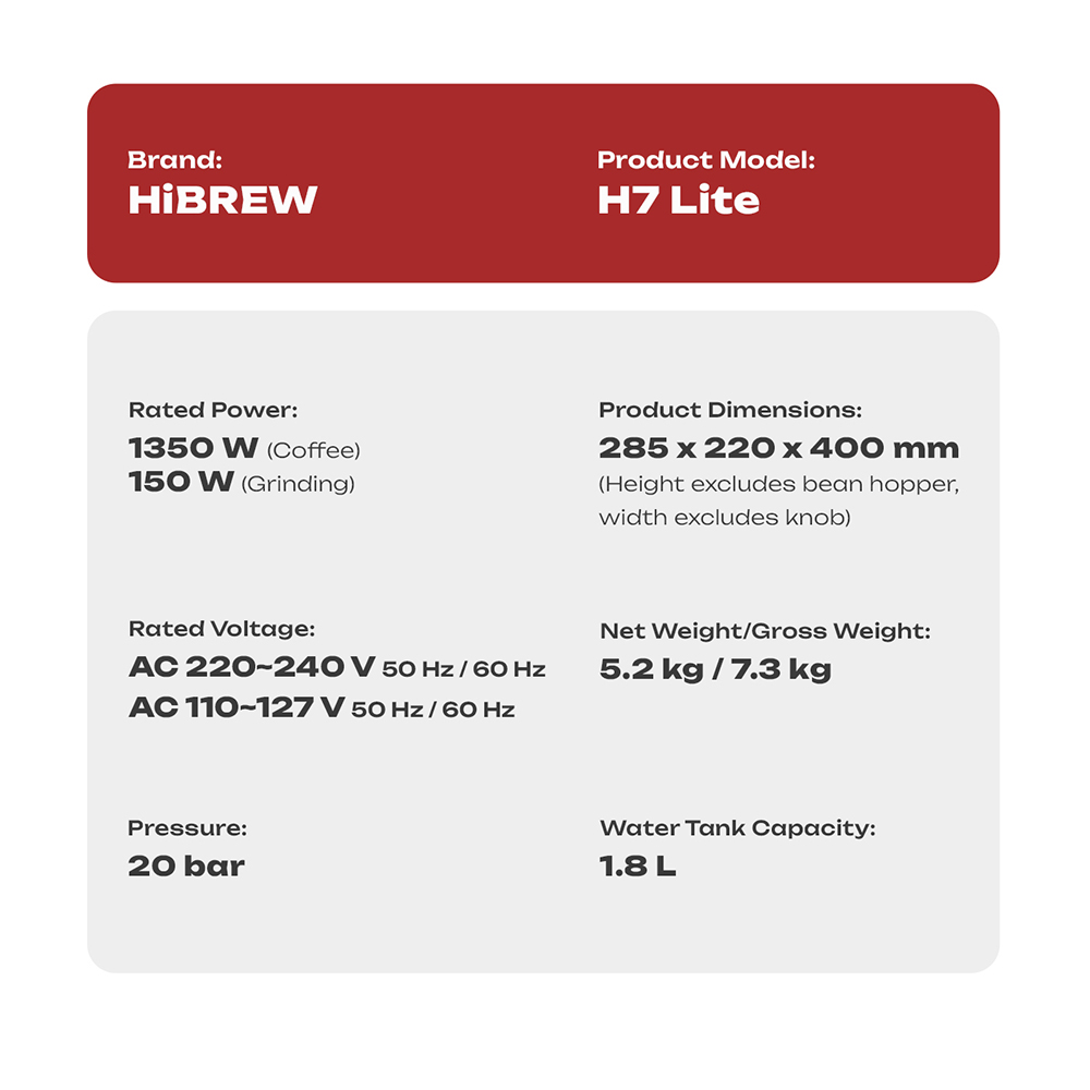 HiBREW H7 Lite f&eacute;lautomata k&aacute;v&eacute;főző dar&aacute;l&oacute;val, 20 Bar-os pump&aacute;val, 1350 W-os k&aacute;v&eacute;főz&eacute;si teljes&iacute;tm&eacute;nnyel, 1,8 literes v&iacute;ztart&aacute;llyal, 250 g-os k&aacute;v&eacute;babtart&aacute;llyal, 44-szintű őrl&eacute;sbe&aacute;ll&iacute;t&aacute;ssal, 51 mm-es portafilterrel, gőz&ouml;lőp&aacute;lc&aacute;val, LED hőm&eacute;rs&eacute;kletkijelzővel