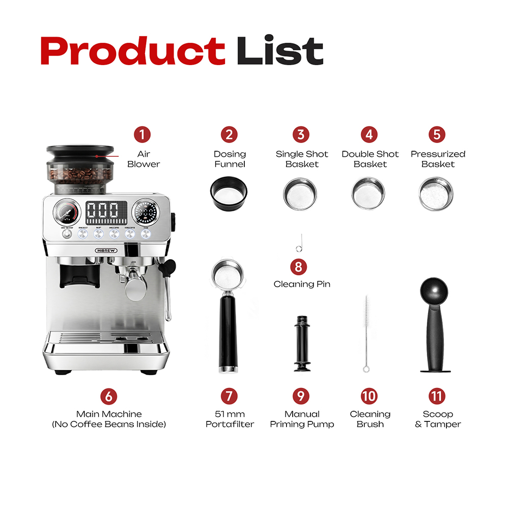 HiBREW H7 Lite f&eacute;lautomata k&aacute;v&eacute;főző dar&aacute;l&oacute;val, 20 Bar-os pump&aacute;val, 1350 W-os k&aacute;v&eacute;főz&eacute;si teljes&iacute;tm&eacute;nnyel, 1,8 literes v&iacute;ztart&aacute;llyal, 250 g-os k&aacute;v&eacute;babtart&aacute;llyal, 44-szintű őrl&eacute;sbe&aacute;ll&iacute;t&aacute;ssal, 51 mm-es portafilterrel, gőz&ouml;lőp&aacute;lc&aacute;val, LED hőm&eacute;rs&eacute;kletkijelzővel