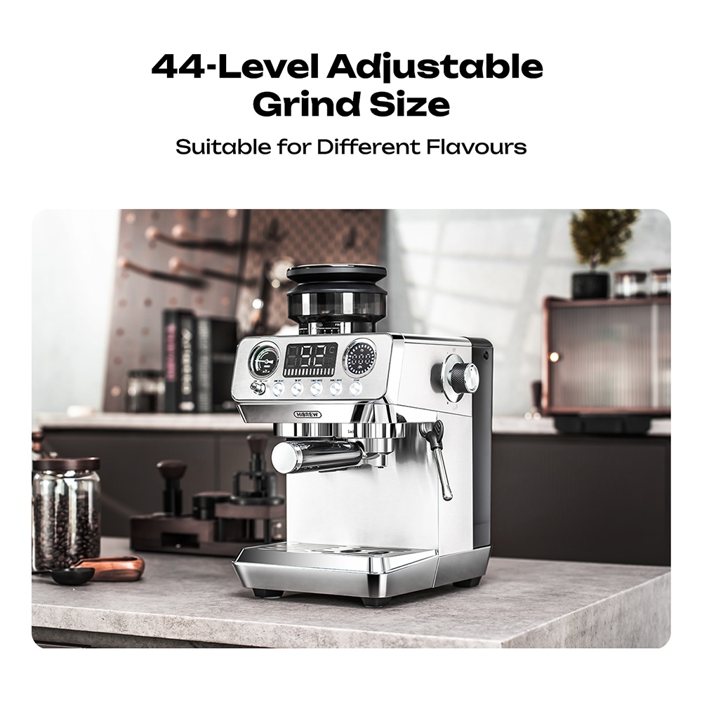 HiBREW H7 Lite f&eacute;lautomata k&aacute;v&eacute;főző dar&aacute;l&oacute;val, 20 Bar-os pump&aacute;val, 1350 W-os k&aacute;v&eacute;főz&eacute;si teljes&iacute;tm&eacute;nnyel, 1,8 literes v&iacute;ztart&aacute;llyal, 250 g-os k&aacute;v&eacute;babtart&aacute;llyal, 44-szintű őrl&eacute;sbe&aacute;ll&iacute;t&aacute;ssal, 51 mm-es portafilterrel, gőz&ouml;lőp&aacute;lc&aacute;val, LED hőm&eacute;rs&eacute;kletkijelzővel