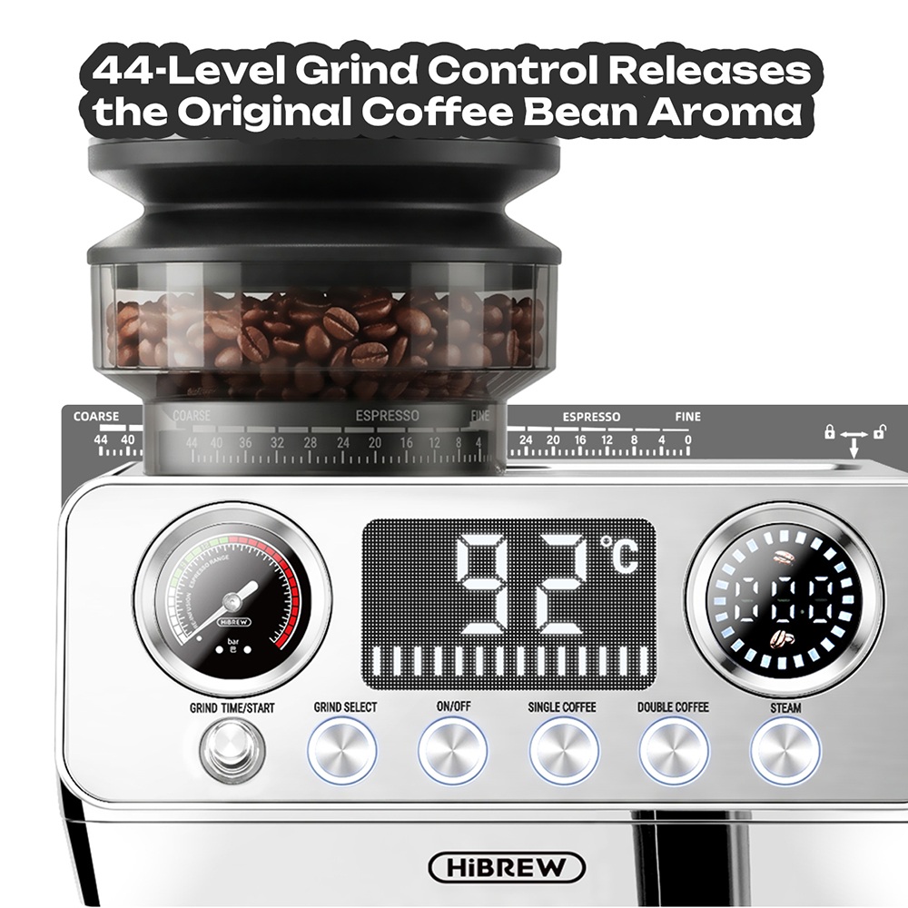 HiBREW H7 Lite f&eacute;lautomata k&aacute;v&eacute;főző dar&aacute;l&oacute;val, 20 Bar-os pump&aacute;val, 1350 W-os k&aacute;v&eacute;főz&eacute;si teljes&iacute;tm&eacute;nnyel, 1,8 literes v&iacute;ztart&aacute;llyal, 250 g-os k&aacute;v&eacute;babtart&aacute;llyal, 44-szintű őrl&eacute;sbe&aacute;ll&iacute;t&aacute;ssal, 51 mm-es portafilterrel, gőz&ouml;lőp&aacute;lc&aacute;val, LED hőm&eacute;rs&eacute;kletkijelzővel
