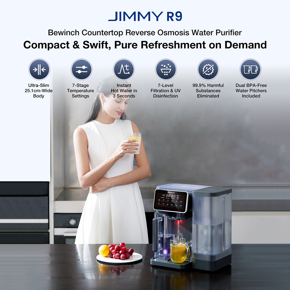 Refurbished JIMMY R9 Countertop Reverse Osmosis Water Purifier, 7 Stage Purification with Remineralization & UV, 3s Instant Heat, 7 Temps, 3:1 Pure to Drain, Gray