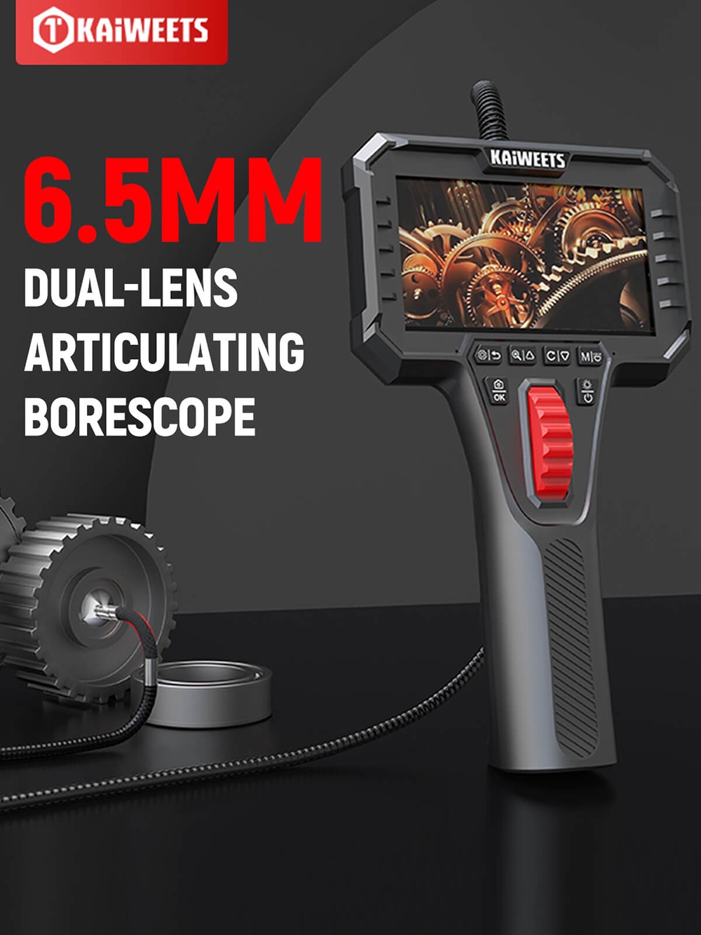 KAIWEETS KBA02 PRO Dual-Lens-Gelenk-Endoskop, 6,5-mm-Sonde, 210&deg;-Neigungsbereich, 1080p Full HD, 4,3-Zoll-IPS-Display, 2,0-MP-Kamera, IP67 wasserdicht, 3000-mAh-Akku, 32-GB-Speicherkarte