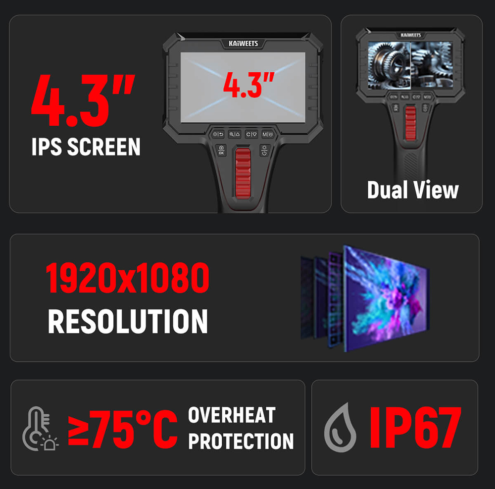 KAIWEETS KBA02 PRO Dual-Lens-Gelenk-Endoskop, 6,5-mm-Sonde, 210&deg;-Neigungsbereich, 1080p Full HD, 4,3-Zoll-IPS-Display, 2,0-MP-Kamera, IP67 wasserdicht, 3000-mAh-Akku, 32-GB-Speicherkarte