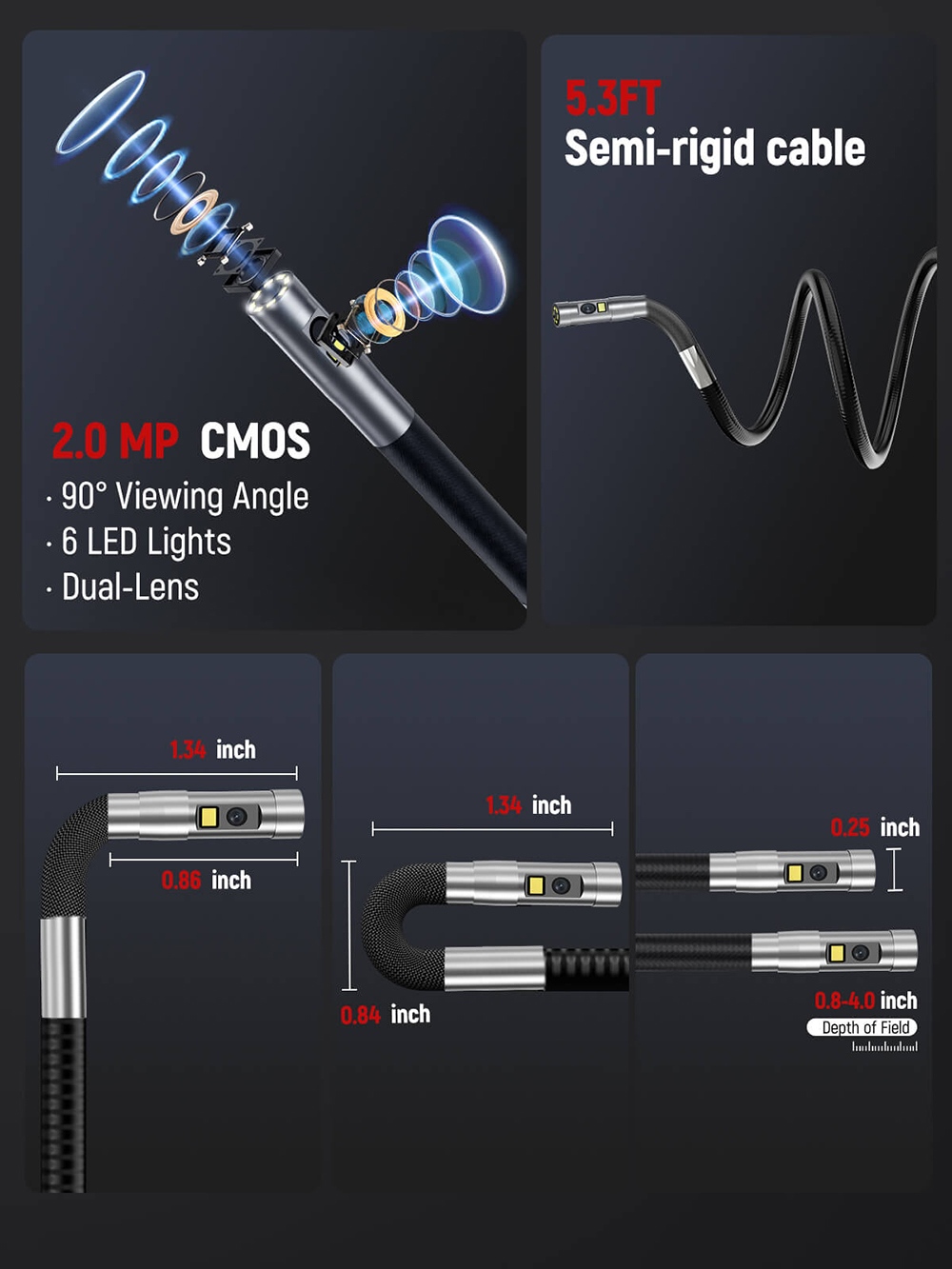 KAIWEETS KBA02 PRO Dual-Lens-Gelenk-Endoskop, 6,5-mm-Sonde, 210&deg;-Neigungsbereich, 1080p Full HD, 4,3-Zoll-IPS-Display, 2,0-MP-Kamera, IP67 wasserdicht, 3000-mAh-Akku, 32-GB-Speicherkarte