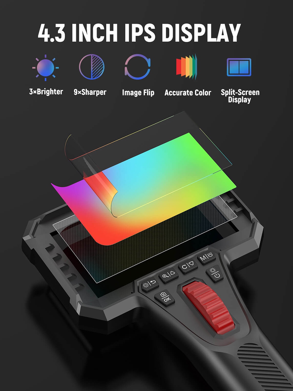 KAIWEETS KBA02 PRO Dual-Lens-Gelenk-Endoskop, 6,5-mm-Sonde, 210&deg;-Neigungsbereich, 1080p Full HD, 4,3-Zoll-IPS-Display, 2,0-MP-Kamera, IP67 wasserdicht, 3000-mAh-Akku, 32-GB-Speicherkarte