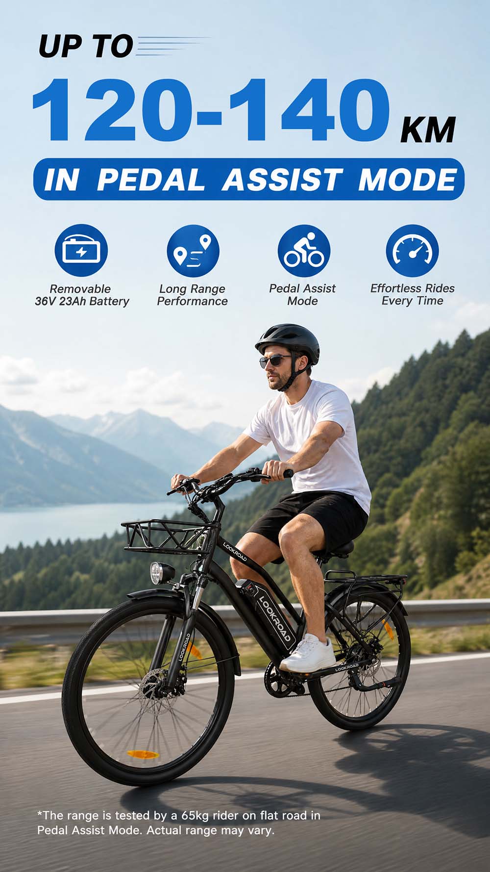 V&eacute;lo &eacute;lectrique LOOKROAD L28, moteur 500 W, batterie 36 V 23 Ah, vitesse maximale 35 km/h, autonomie 140 km, pneus 28 pouces, transmission Shimano 7 vitesses, freins &agrave; disque hydrauliques, suspension avant, &eacute;cran LCD couleur, panier avant et porte-bagages arri&egrave;re - Gris