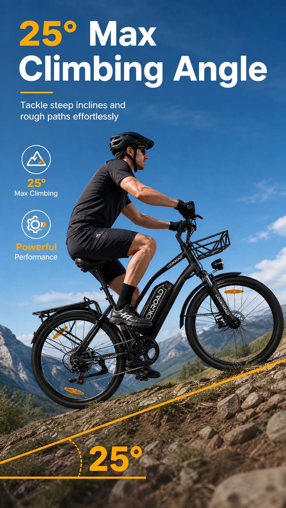 V&eacute;lo &eacute;lectrique LOOKROAD L28, moteur 500 W, batterie 36 V 23 Ah, vitesse maximale 35 km/h, autonomie 140 km, pneus 28 pouces, transmission Shimano 7 vitesses, freins &agrave; disque hydrauliques, suspension avant, &eacute;cran LCD couleur, panier avant et porte-bagages arri&egrave;re - Gris