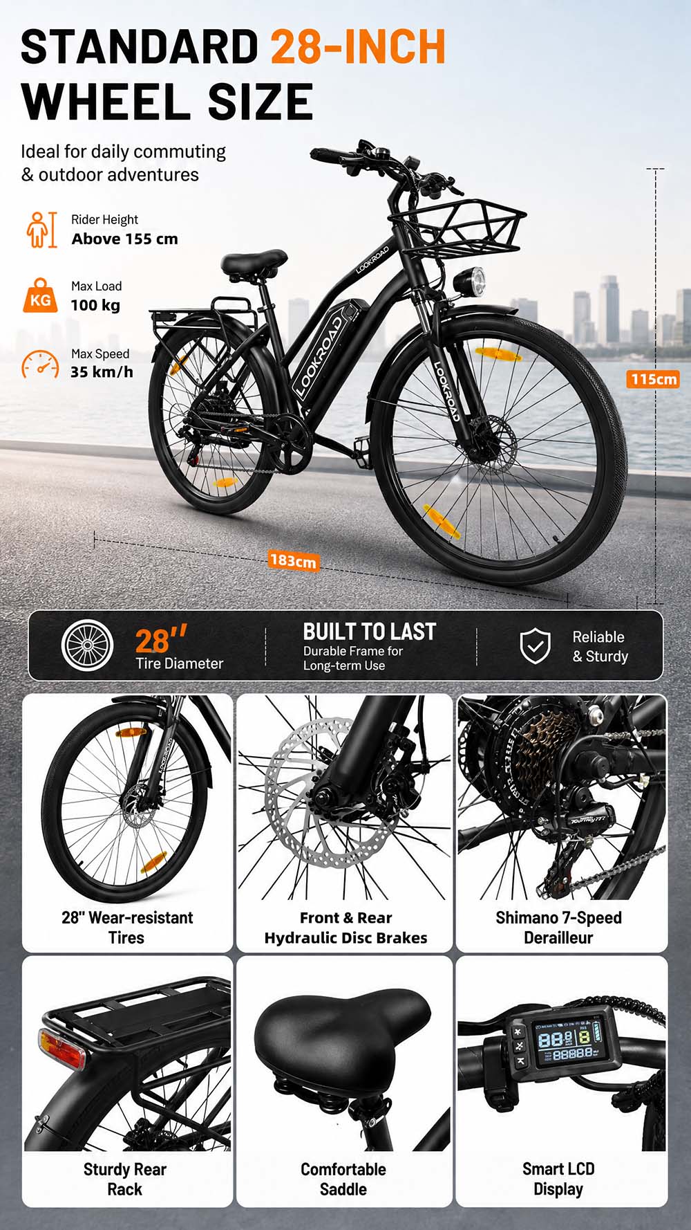 V&eacute;lo &eacute;lectrique LOOKROAD L28, moteur 500 W, batterie 36 V 23 Ah, vitesse maximale 35 km/h, autonomie 140 km, pneus 28 pouces, transmission Shimano 7 vitesses, freins &agrave; disque hydrauliques, suspension avant, &eacute;cran LCD couleur, panier avant et porte-bagages arri&egrave;re - Rouge