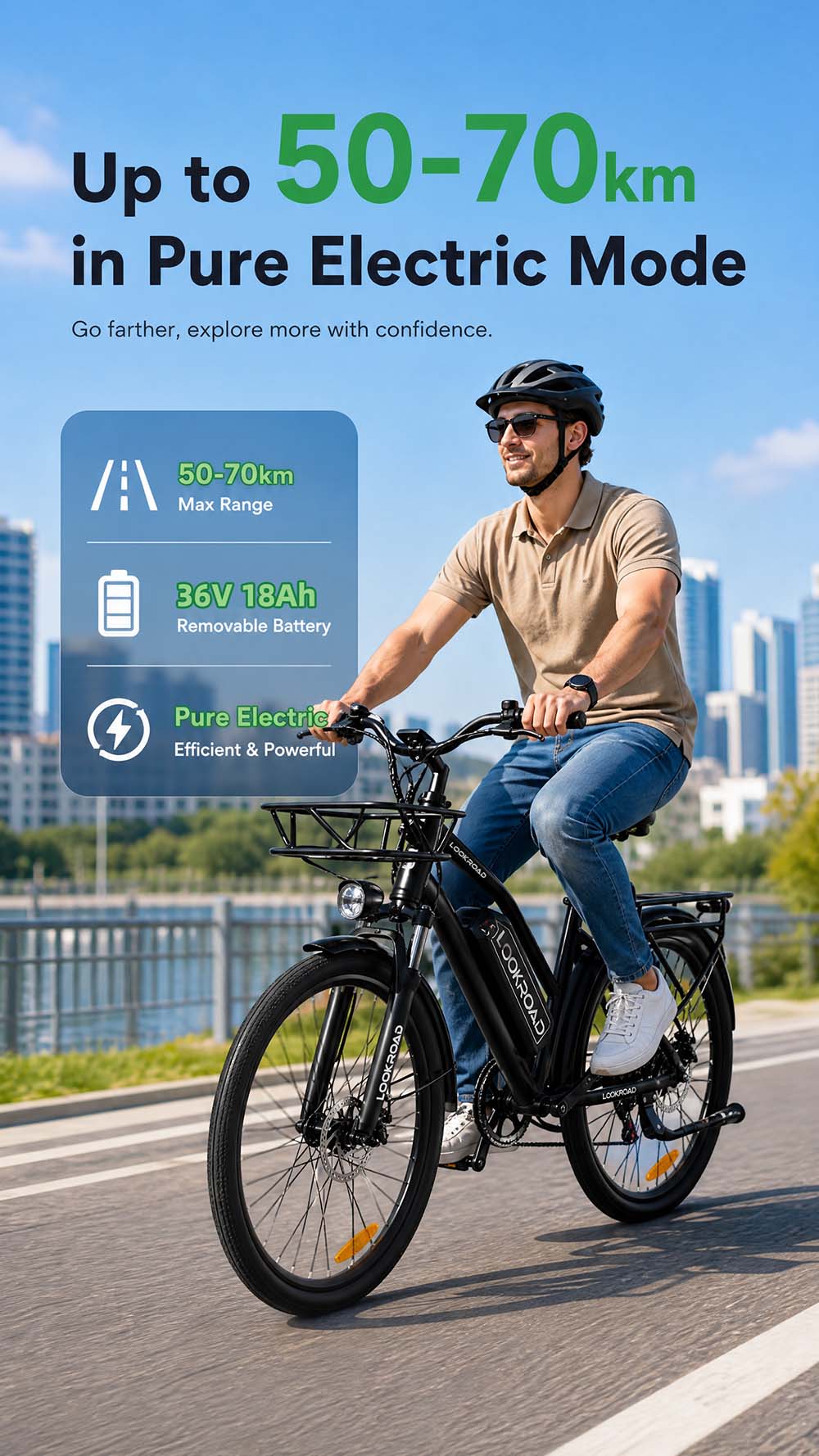 V&eacute;lo &eacute;lectrique LOOKROAD L28 MIN, moteur 500 W, vitesse maximale 35 km/h, batterie 36 V 18 Ah, autonomie 120 km, pneus 28 &times; 2,0