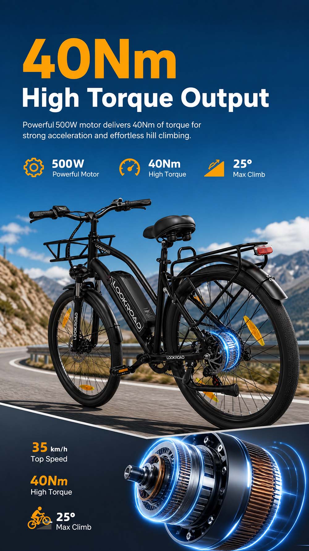 V&eacute;lo &eacute;lectrique LOOKROAD L28 MIN, moteur 500 W, vitesse maximale 35 km/h, batterie 36 V 18 Ah, autonomie 120 km, pneus 28 &times; 2,0