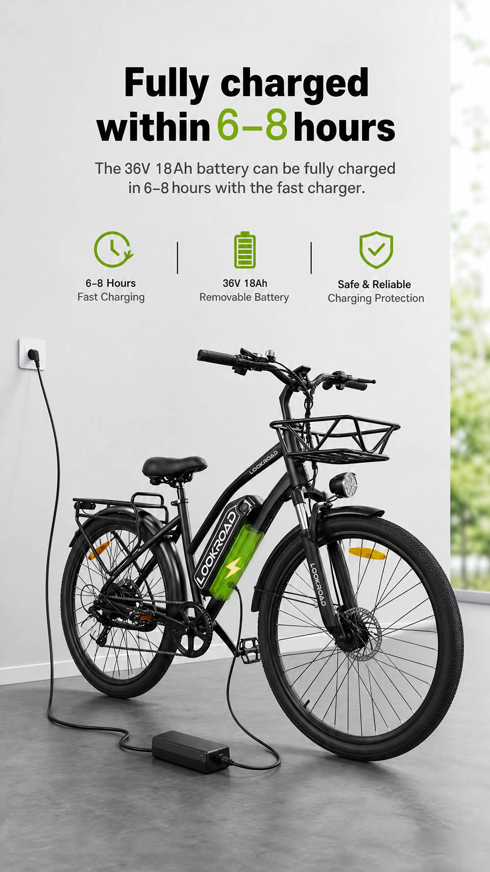 V&eacute;lo &eacute;lectrique LOOKROAD L28 MIN, moteur 500 W, vitesse maximale 35 km/h, batterie 36 V 18 Ah, autonomie 120 km, pneus 28 &times; 2,0