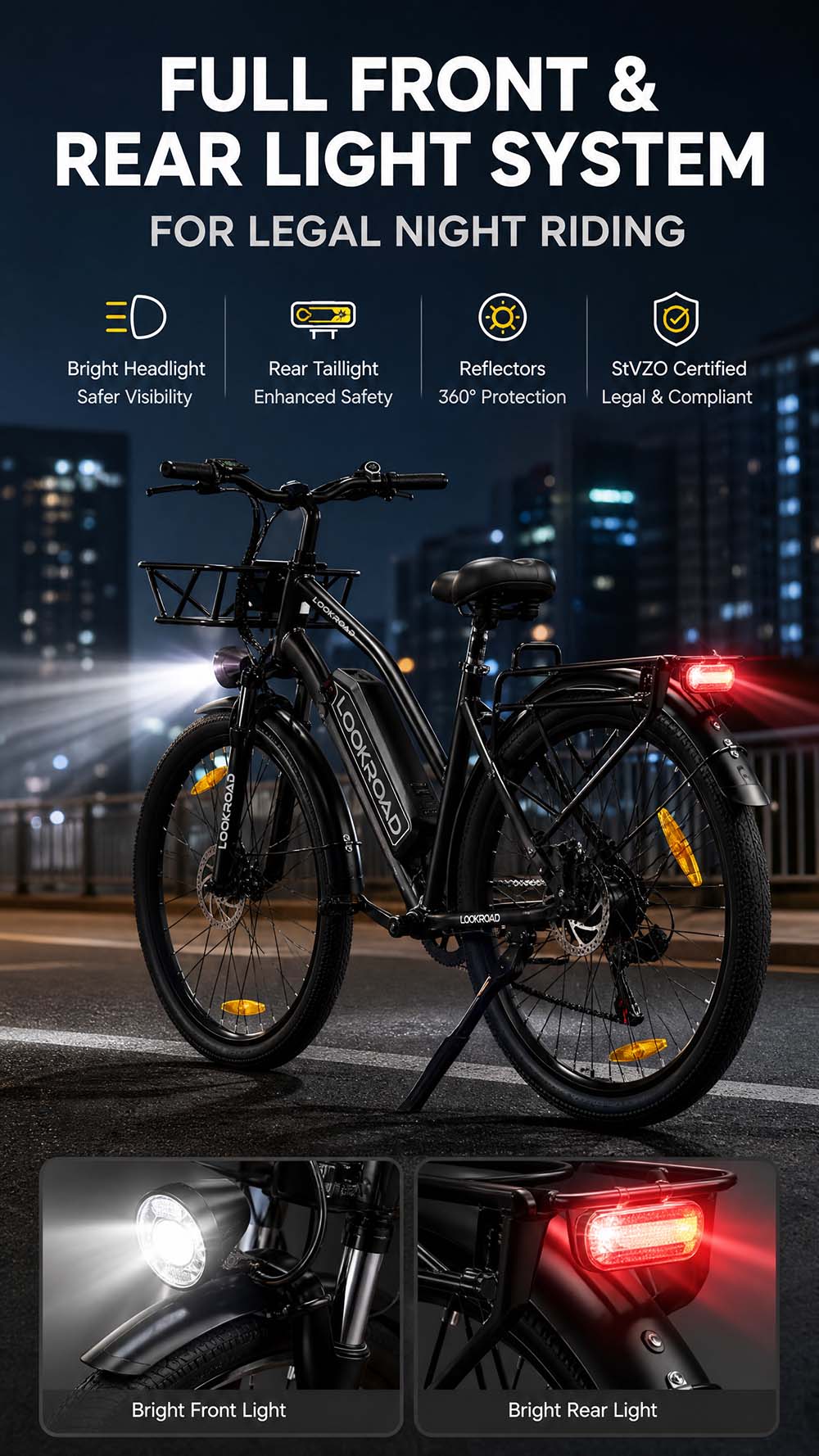 V&eacute;lo &eacute;lectrique LOOKROAD L28 MIN, moteur 500 W, vitesse maximale 35 km/h, batterie 36 V 18 Ah, autonomie 120 km, pneus 28 &times; 2,0