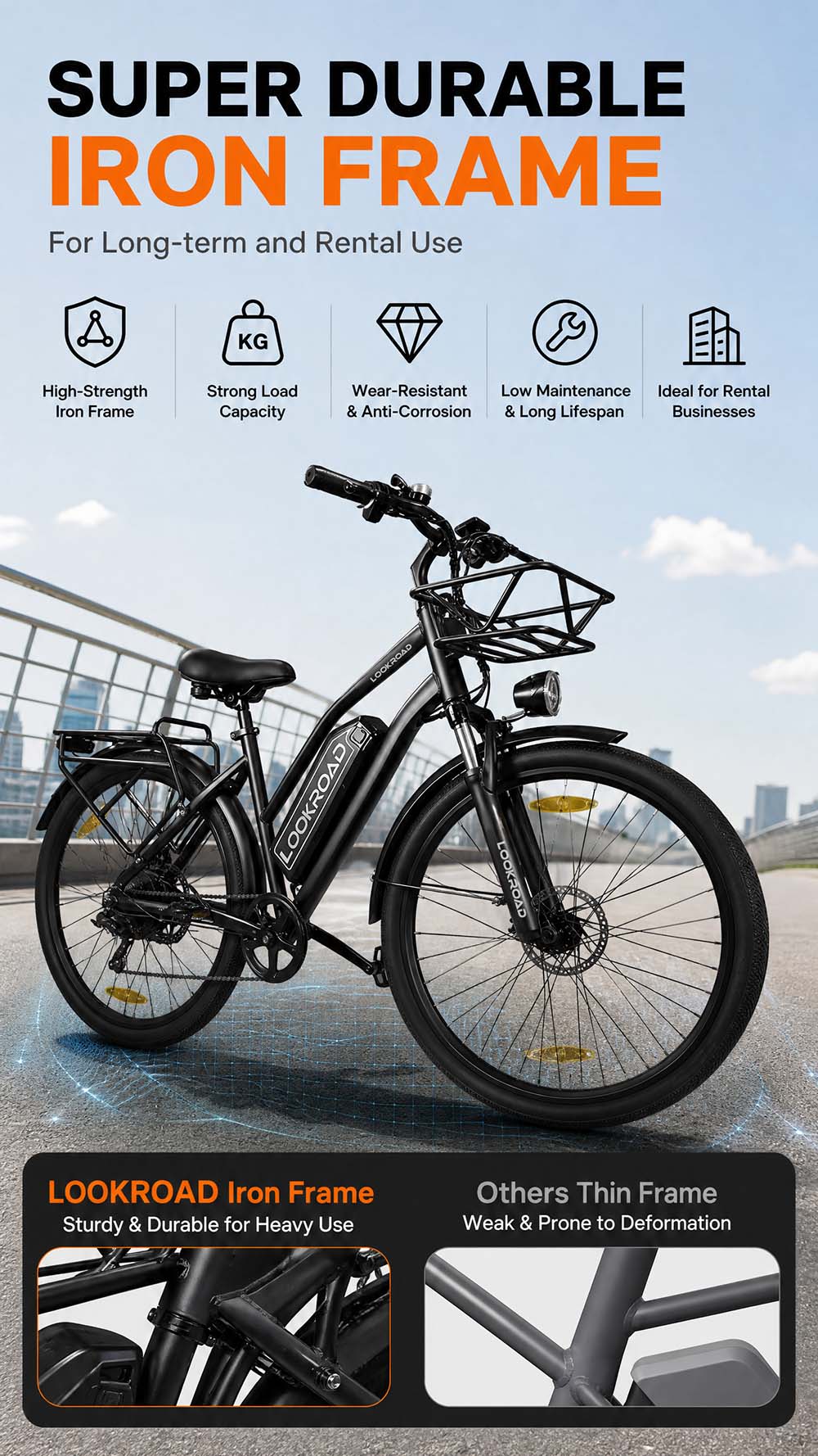 V&eacute;lo &eacute;lectrique LOOKROAD L28 MIN, moteur 500 W, vitesse maximale 35 km/h, batterie 36 V 18 Ah, autonomie 120 km, pneus 28 &times; 2,0