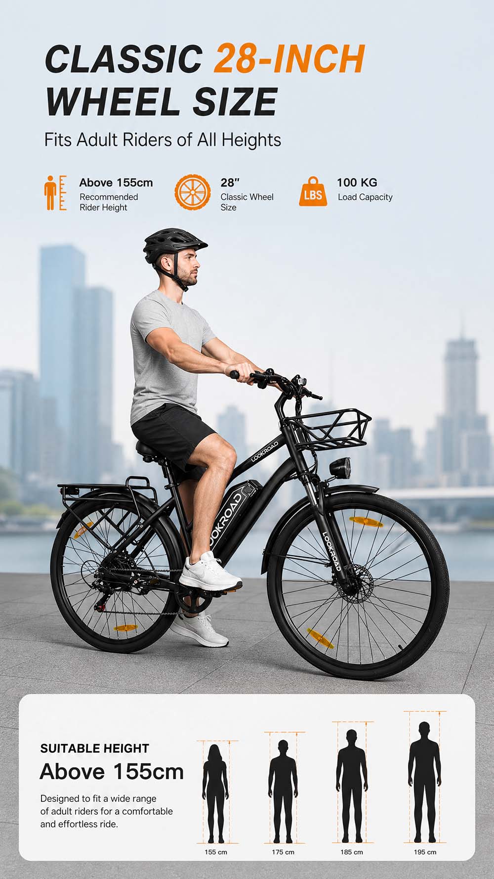 V&eacute;lo &eacute;lectrique LOOKROAD L28 MIN, moteur 500 W, vitesse maximale 35 km/h, batterie 36 V 18 Ah, autonomie 120 km, pneus 28 &times; 2,0