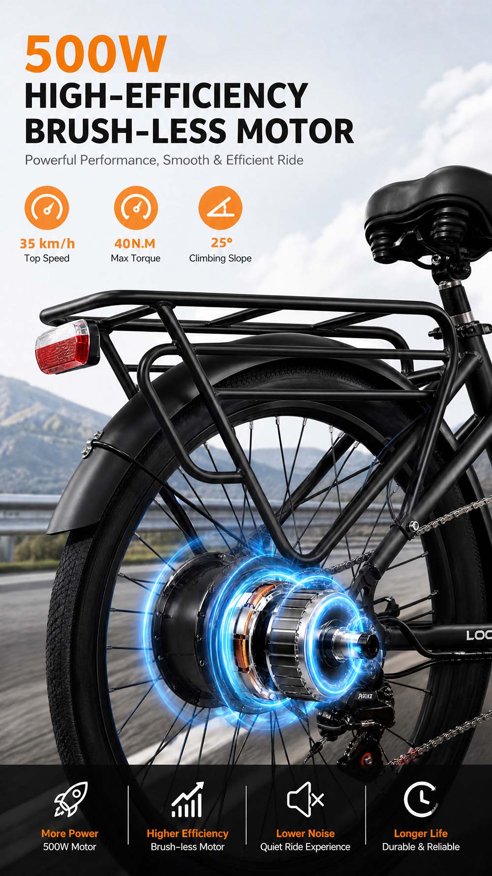 V&eacute;lo &eacute;lectrique LOOKROAD L28 MIN, moteur 500 W, vitesse maximale 35 km/h, batterie 36 V 18 Ah, autonomie 120 km, pneus 28 &times; 2,0