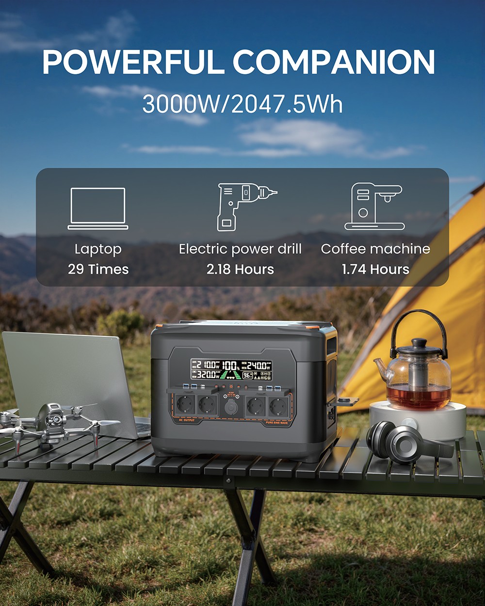 NEWSMY S2400 3000 W-os hordozhat&oacute; erőmű, 2047,5 Wh-s LiFePO₄ akkumul&aacute;tor, 2000 W-os AC gyorst&ouml;lt&eacute;s, napelemes bemenet, 4&times;AC, USB-C &eacute;s DC kimenetek, 10 ms-os UPS biztons&aacute;gi ment&eacute;s otthoni biztons&aacute;gi ment&eacute;shez, kempingez&eacute;shez &eacute;s h&aacute;l&oacute;zaton k&iacute;v&uuml;li haszn&aacute;lathoz
