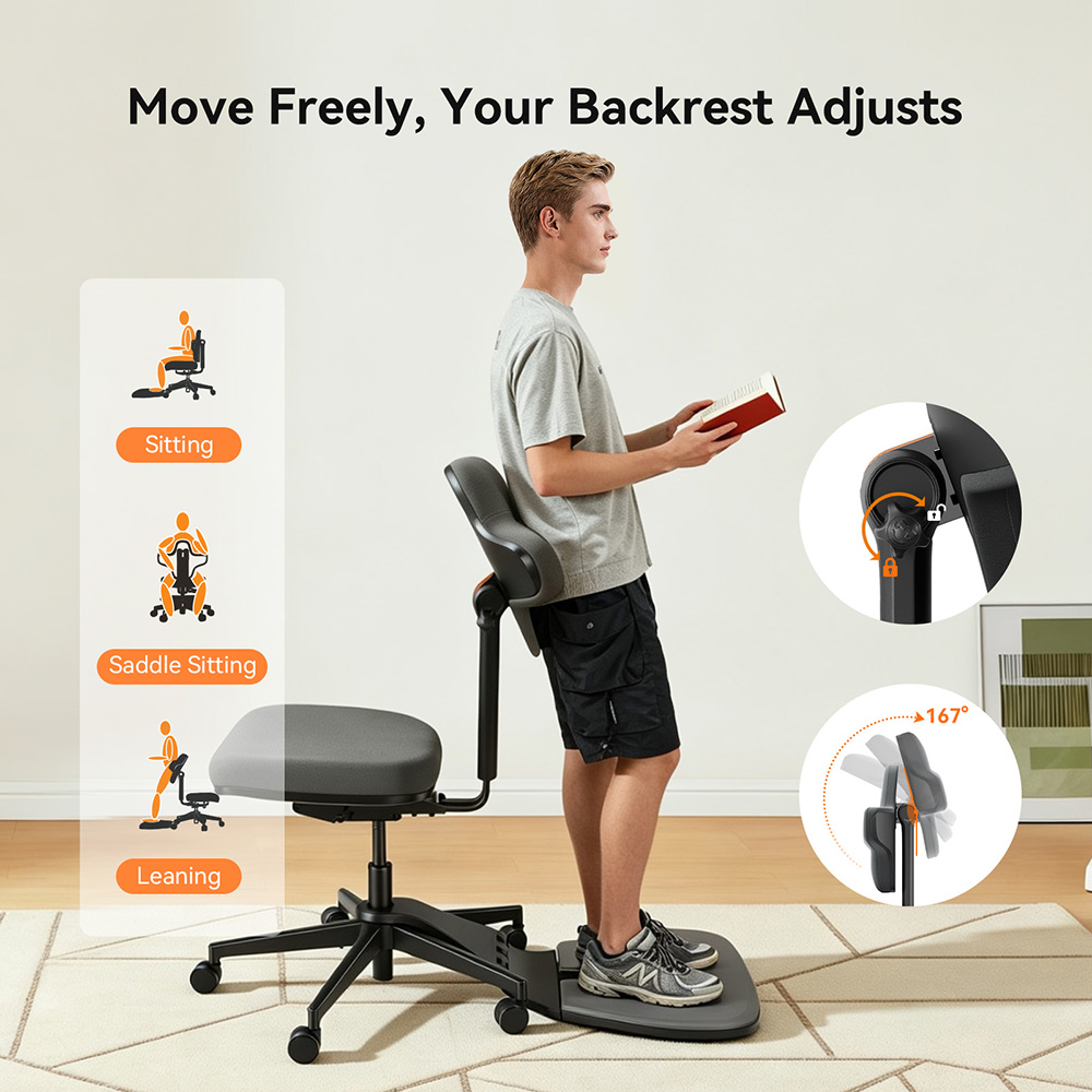 NEWTRAL MT-L Standing-Mate Ergonomischer Stehschreibtischstuhl, Dynamische Haltungsunterst&uuml;tzung, 167&deg; klappbare R&uuml;ckenlehne, Verstellbare Sitztiefe 42&ndash;49 cm, 4-stufige Neigungsverstellung, Memory-Schaum-Kissen, Armlehnenloses Design, Belastbarkeit 160 kg &ndash; Dunkelgrau