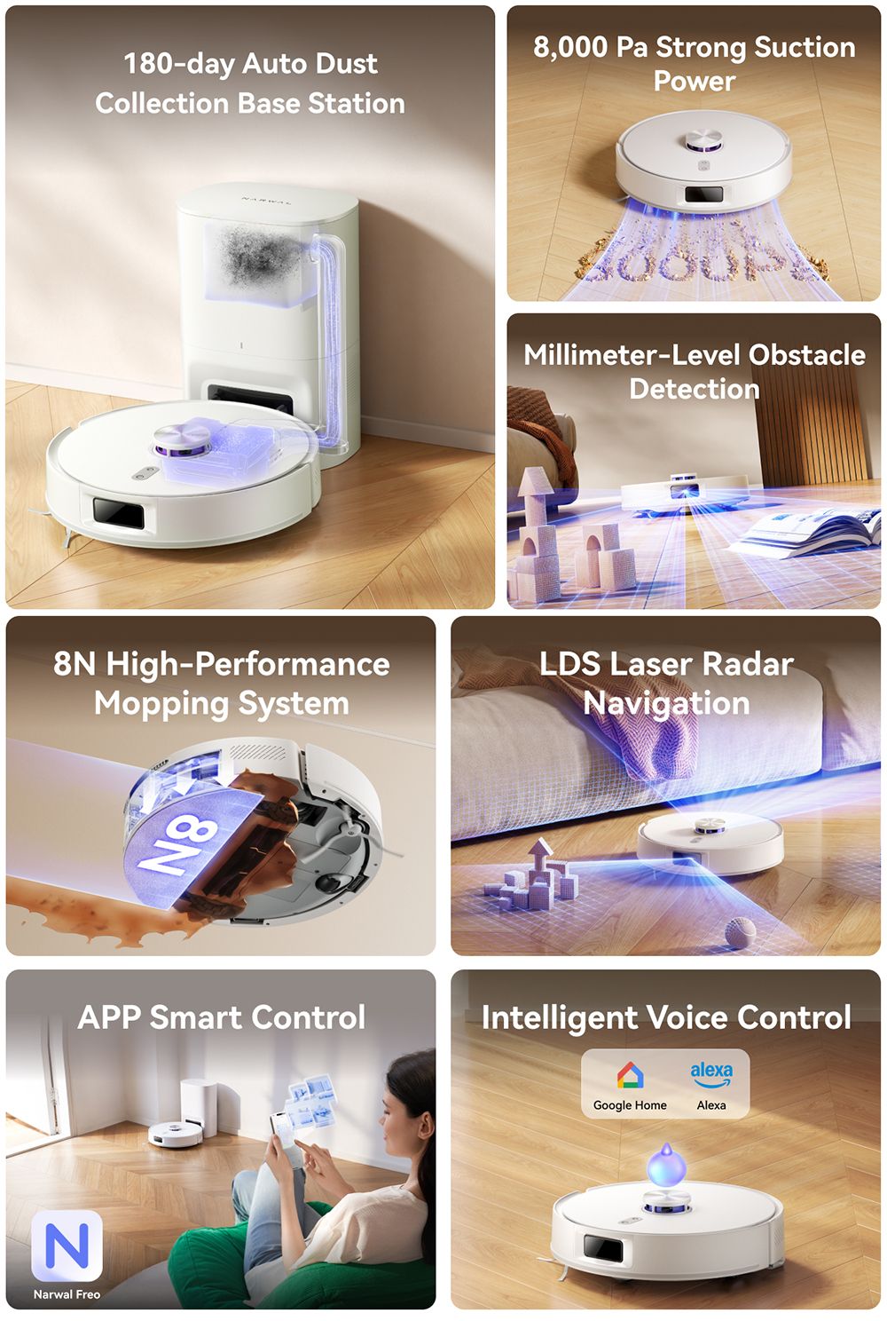 Refurbished Narwal Freo S Robot Vacuum and Mop, Auto Dust Collection, 8000Pa Suction, Smart Navigation & Voice Control