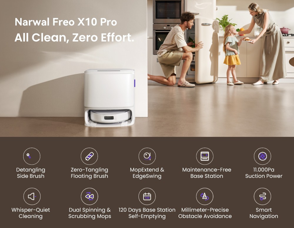 Refurbished Narwal Freo X10 Pro Robot Vacuum Cleaner, Tangle Free Robot Mop, 11000Pa Powerful Suction, Self-Emptying, Auto Mop Washing, Auto Drying, Obstacle Avoidance, Ideal for Pet Hair and Hard Floor - White