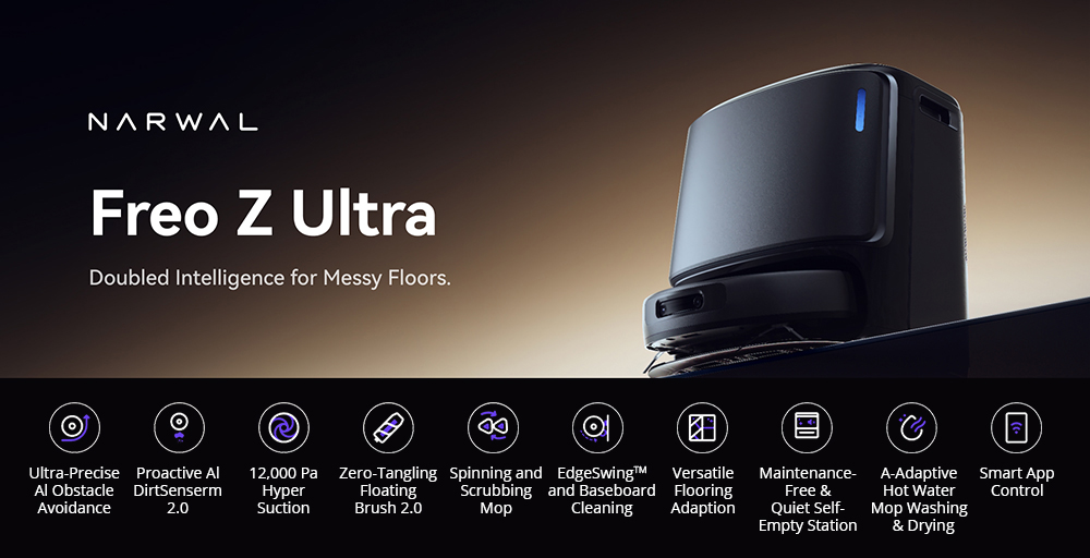 Refurbished Narwal Freo Z Ultra Robot Vacuum and Mop with Base Station, 12,000Pa Power, Self-Empty, Dual-camera, 120-day Maintenance-Free, Auto Mop Lifting To 12mm, Tri-Laser Obstacle Avoidance, AI-Adaptive Hot Water Washing & Drying - Gray