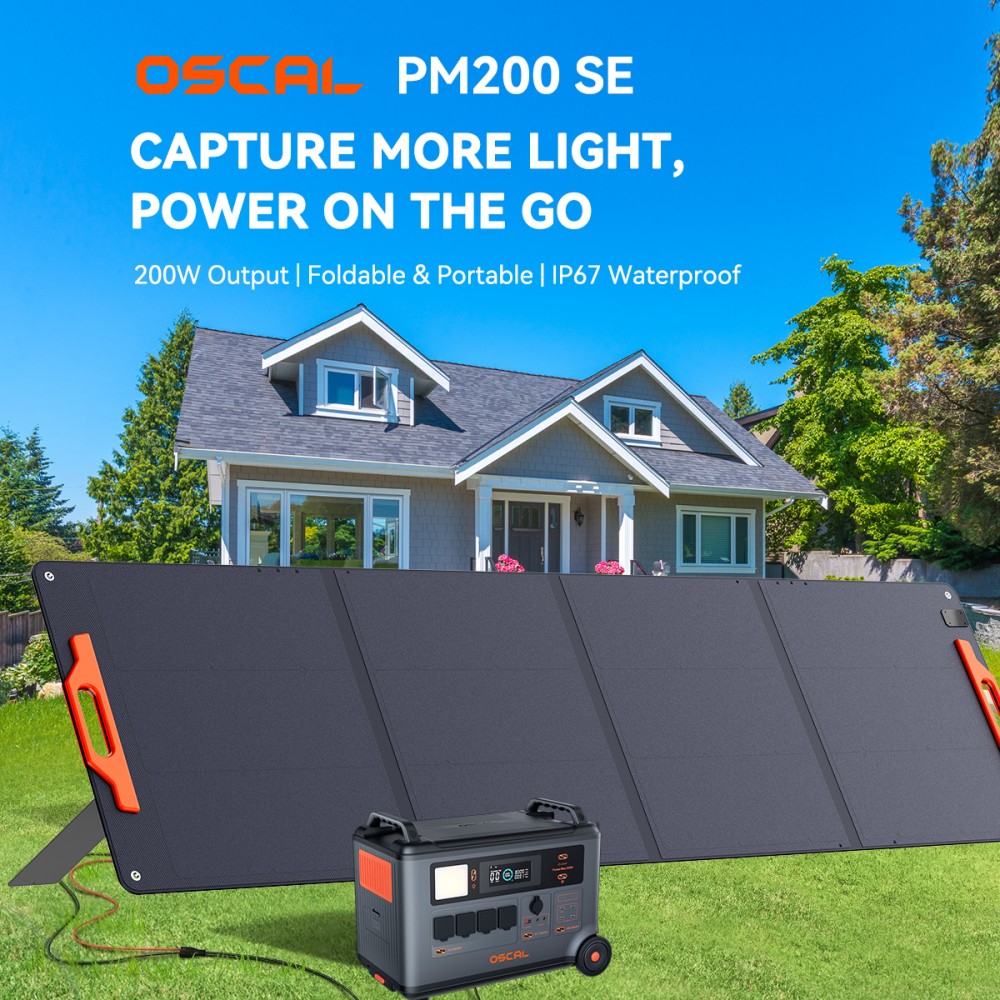 OSCAL PM200 SE 200W Faltbares Solarpanel, 24,6 % hocheffiziente monokristalline Solarzellen, ETFE-Oberfl&auml;che, IP67 wasserdicht, MC4-Ausgang, verstellbarer St&auml;nder, f&uuml;r Camping und Wohnmobile