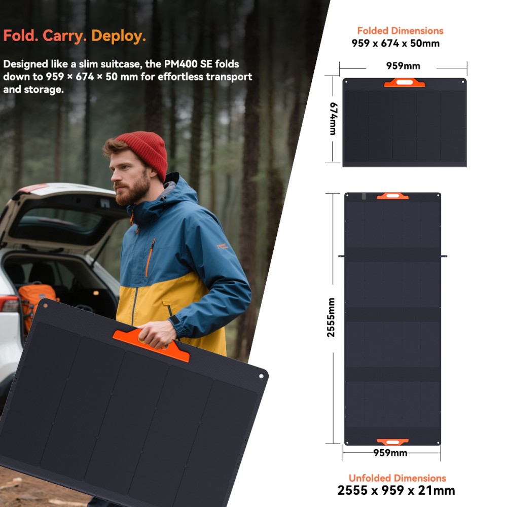 OSCAL PM400 SE 400W Faltbares Solarpanel, 24,6 % hocheffiziente monokristalline Solarzellen, ETFE-Oberfl&auml;che, IP67 wasserdicht, MC4-Ausgang, verstellbarer St&auml;nder, f&uuml;r Camping und Wohnmobile