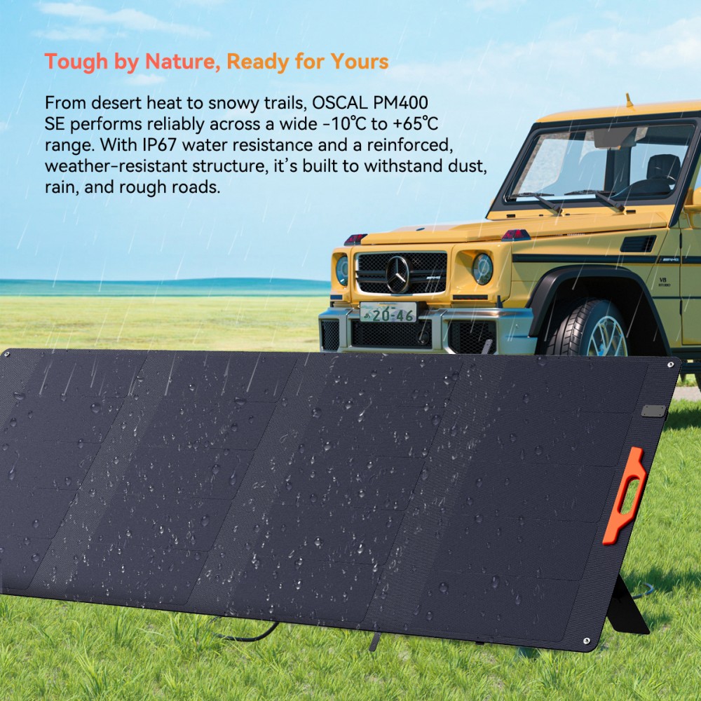 OSCAL PM400 SE 400W Faltbares Solarpanel, 24,6 % hocheffiziente monokristalline Solarzellen, ETFE-Oberfl&auml;che, IP67 wasserdicht, MC4-Ausgang, verstellbarer St&auml;nder, f&uuml;r Camping und Wohnmobile