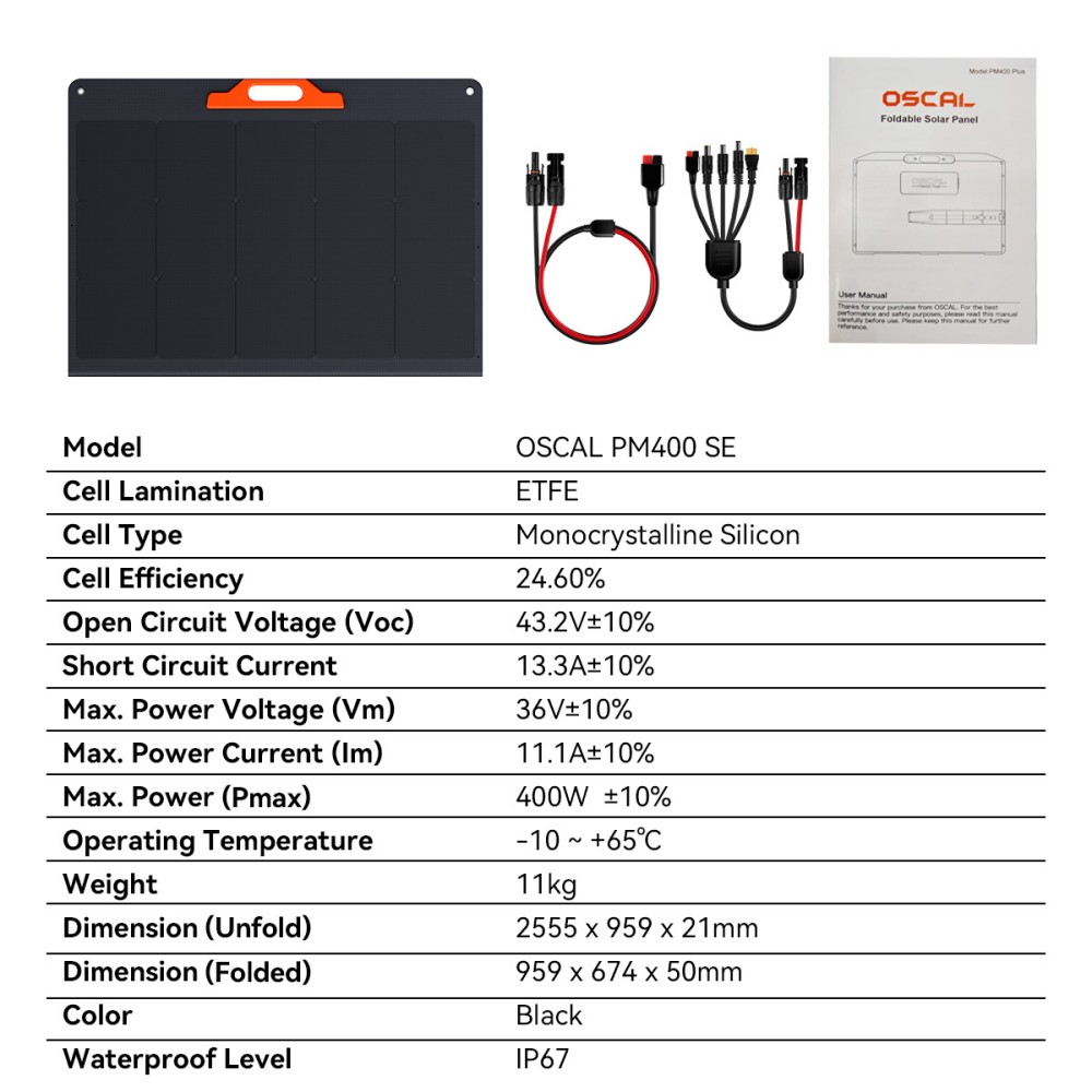OSCAL PM400 SE 400W Faltbares Solarpanel, 24,6 % hocheffiziente monokristalline Solarzellen, ETFE-Oberfl&auml;che, IP67 wasserdicht, MC4-Ausgang, verstellbarer St&auml;nder, f&uuml;r Camping und Wohnmobile