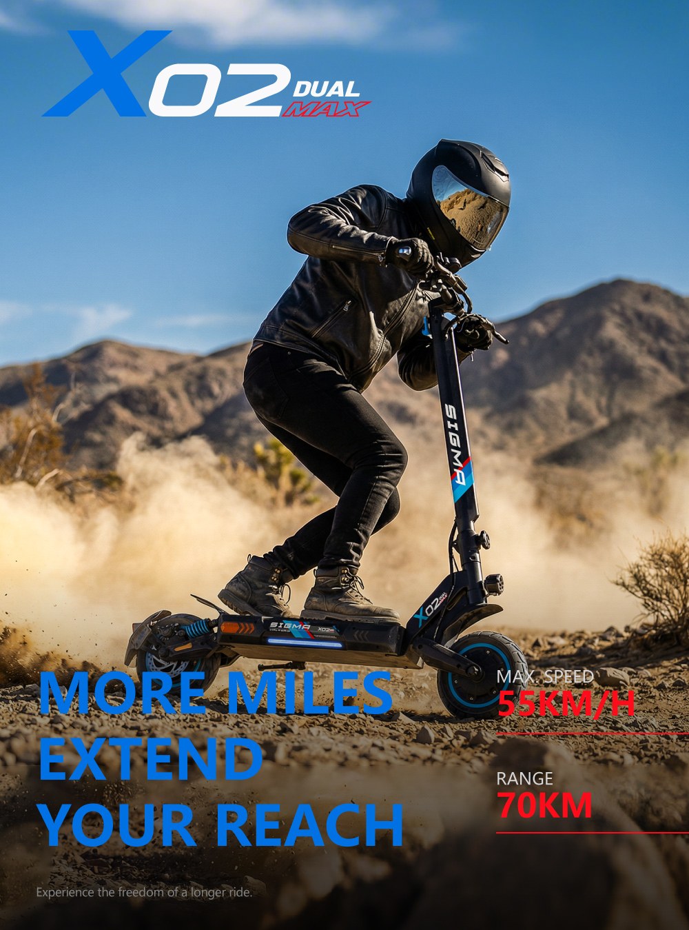 SIGMA X02 Elektroroller, zwei 800-W-Brushless-Motoren, 48-V-18-Ah-Lithium-Akku, 55 km/h H&ouml;chstgeschwindigkeit, 70 km Reichweite, 10-Zoll-Schlauchlosreifen, Vorder- und Hinterradfederung, Scheibenbremsen, Rahmen aus Aluminiumlegierung, maximale Zuladung 120 kg