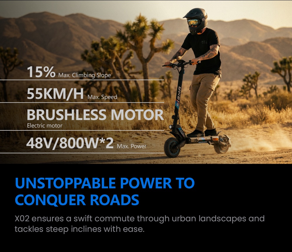 SIGMA X02 Elektroroller, zwei 800-W-Brushless-Motoren, 48-V-18-Ah-Lithium-Akku, 55 km/h H&ouml;chstgeschwindigkeit, 70 km Reichweite, 10-Zoll-Schlauchlosreifen, Vorder- und Hinterradfederung, Scheibenbremsen, Rahmen aus Aluminiumlegierung, maximale Zuladung 120 kg