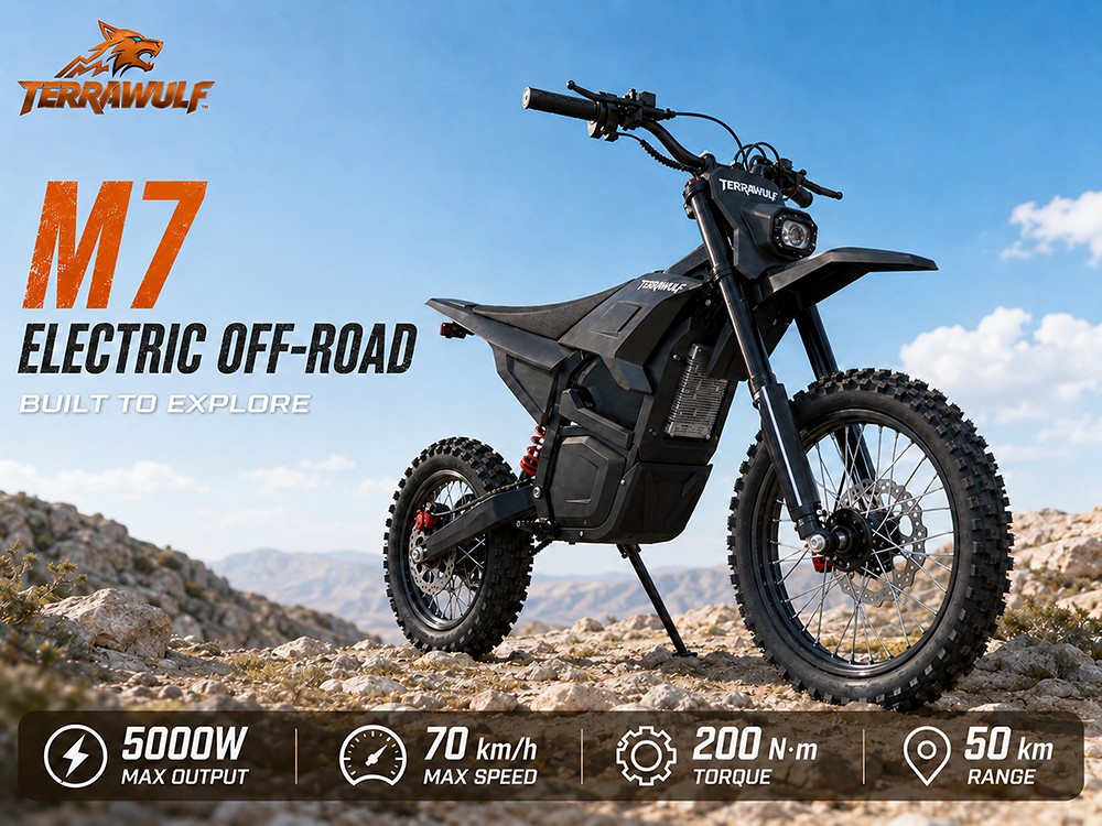 TERRAWULF M7 Electric Dirt Bike, 5000W Peak Motor, 200N·m Torque, 60V 27Ah Removable Lithium Battery, 70km/h Max Speed, 50km Range, Hydraulic Disc Brakes, IPX6 Waterproof, 17"/14" Off-Road Tires