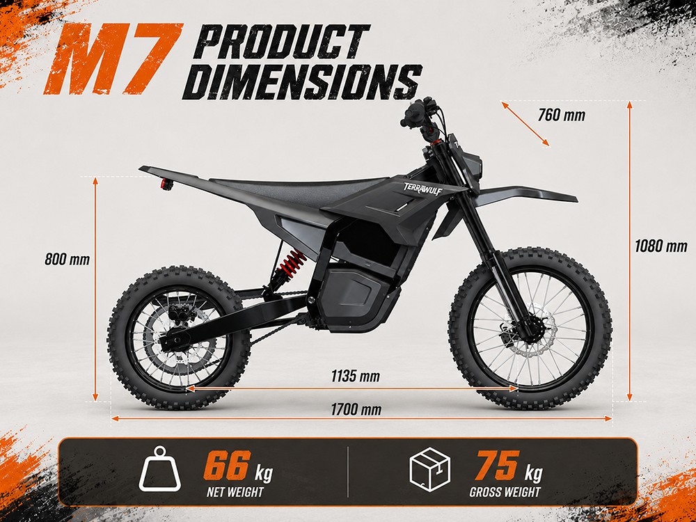 TERRAWULF M7 Electric Dirt Bike, 5000W Peak Motor, 200N·m Torque, 60V 27Ah Removable Lithium Battery, 70km/h Max Speed, 50km Range, Hydraulic Disc Brakes, IPX6 Waterproof, 17"/14" Off-Road Tires
