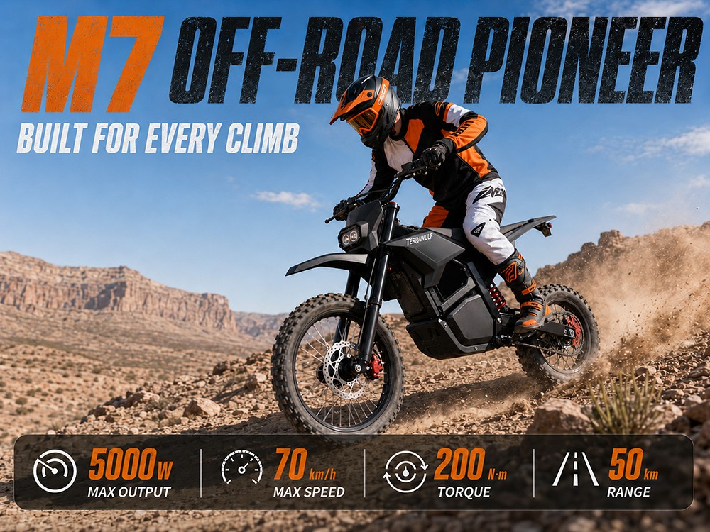 TERRAWULF M7 Electric Dirt Bike, 5000W Peak Motor, 200N·m Torque, 60V 27Ah Removable Lithium Battery, 70km/h Max Speed, 50km Range, Hydraulic Disc Brakes, IPX6 Waterproof, 17"/14" Off-Road Tires