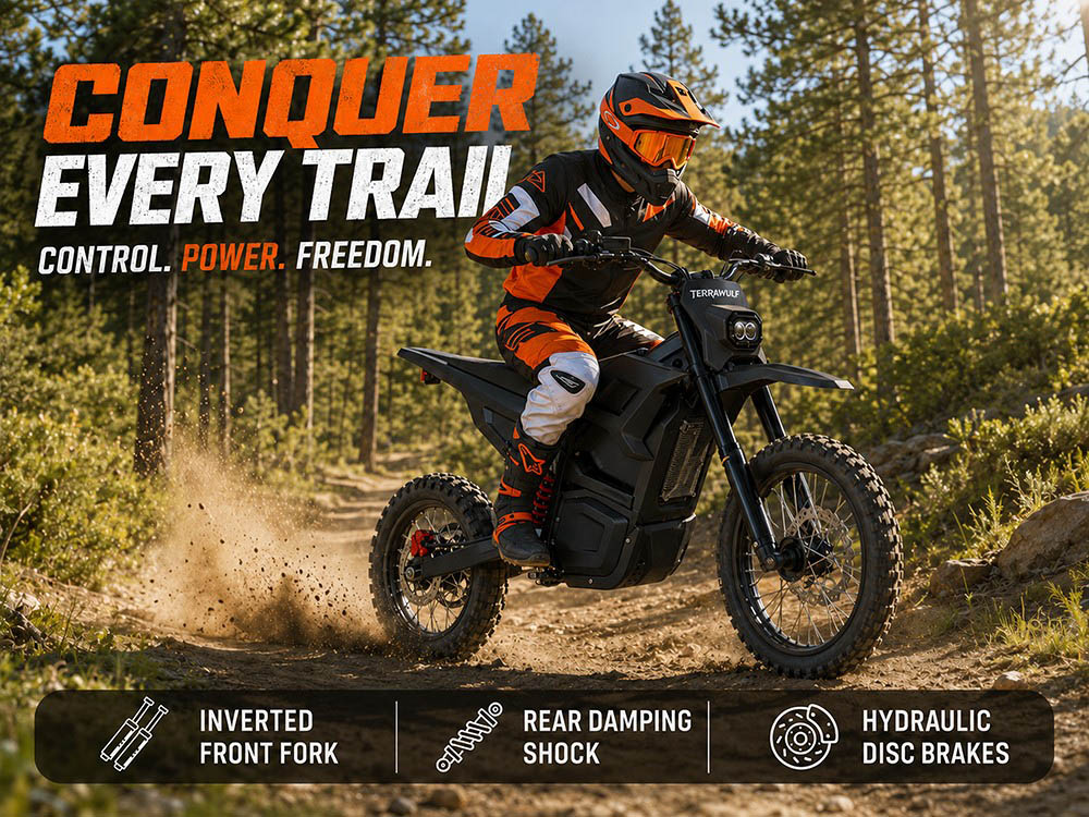 TERRAWULF M7 Electric Dirt Bike, 5000W Peak Motor, 200N·m Torque, 60V 27Ah Removable Lithium Battery, 70km/h Max Speed, 50km Range, Hydraulic Disc Brakes, IPX6 Waterproof, 17"/14" Off-Road Tires