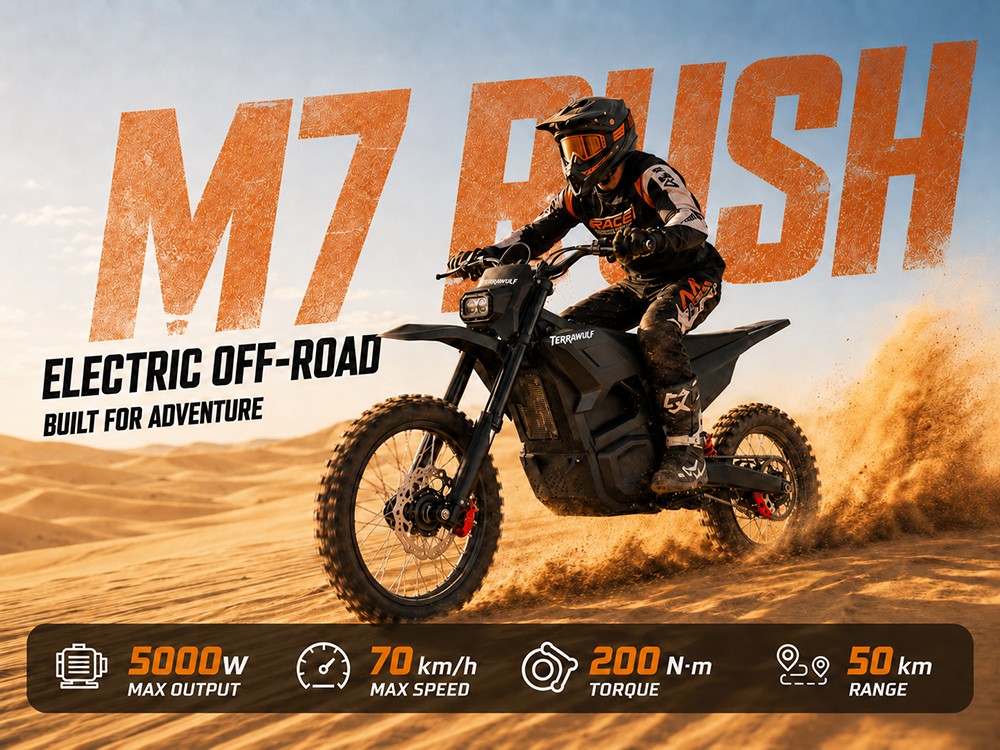TERRAWULF M7 Electric Dirt Bike, 5000W Peak Motor, 200N·m Torque, 60V 27Ah Removable Lithium Battery, 70km/h Max Speed, 50km Range, Hydraulic Disc Brakes, IPX6 Waterproof, 17"/14" Off-Road Tires