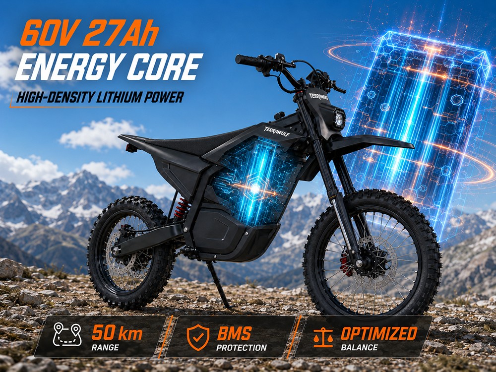 TERRAWULF M7 Electric Dirt Bike, 5000W Peak Motor, 200N·m Torque, 60V 27Ah Removable Lithium Battery, 70km/h Max Speed, 50km Range, Hydraulic Disc Brakes, IPX6 Waterproof, 17"/14" Off-Road Tires