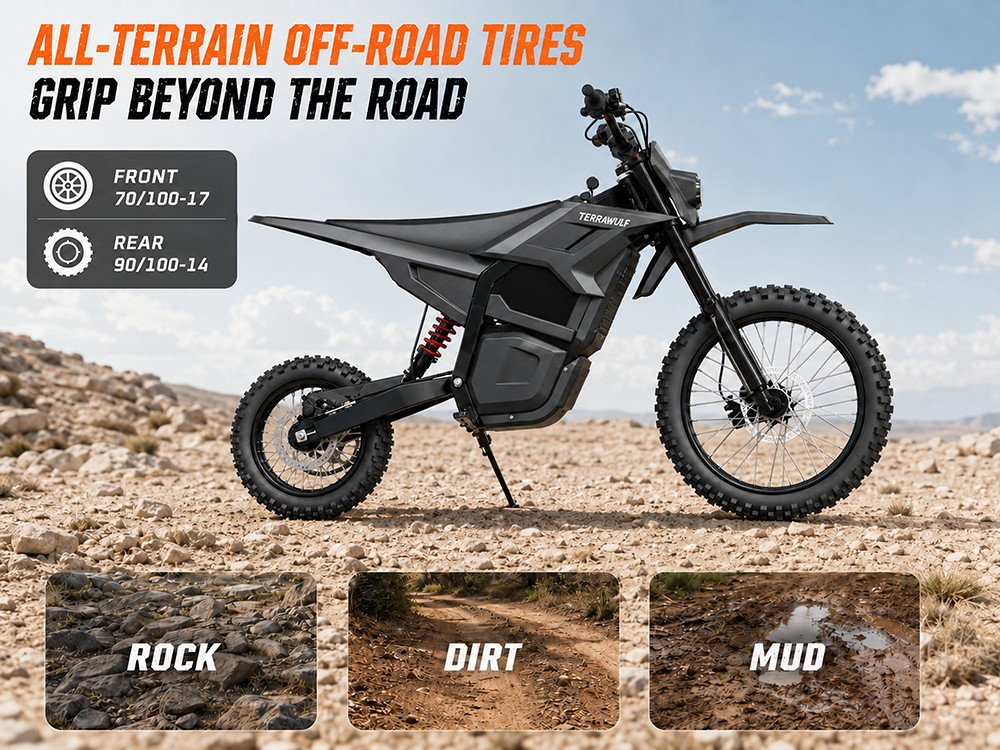 TERRAWULF M7 Electric Dirt Bike, 5000W Peak Motor, 200N·m Torque, 60V 27Ah Removable Lithium Battery, 70km/h Max Speed, 50km Range, Hydraulic Disc Brakes, IPX6 Waterproof, 17"/14" Off-Road Tires