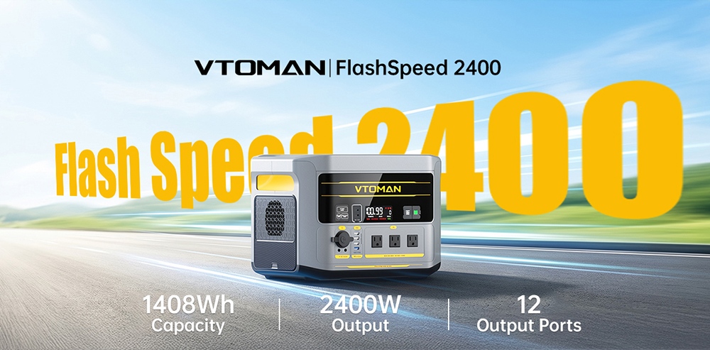 VTOMAN FlashSpeed 2400 Portable Power Station, 1408Wh LiFePO4 Battery, 2400W AC Output, 3200W Peak Power, 12 Output Ports, 100W USB-C, 600W Solar Input, 1500W AC Input, <10ms UPS