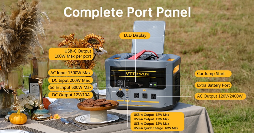 VTOMAN FlashSpeed 2400 Portable Power Station, 1408Wh LiFePO4 Battery, 2400W AC Output, 3200W Peak Power, 12 Output Ports, 100W USB-C, 600W Solar Input, 1500W AC Input, <10ms UPS