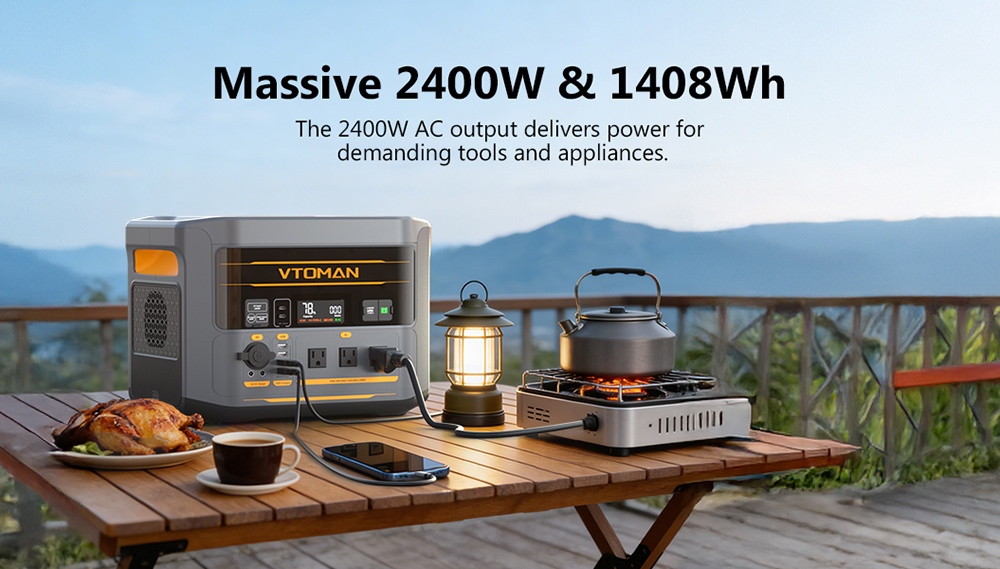 VTOMAN FlashSpeed 2400 Portable Power Station, 1408Wh LiFePO4 Battery, 2400W AC Output, 3200W Peak Power, 12 Output Ports, 100W USB-C, 600W Solar Input, 1500W AC Input, <10ms UPS