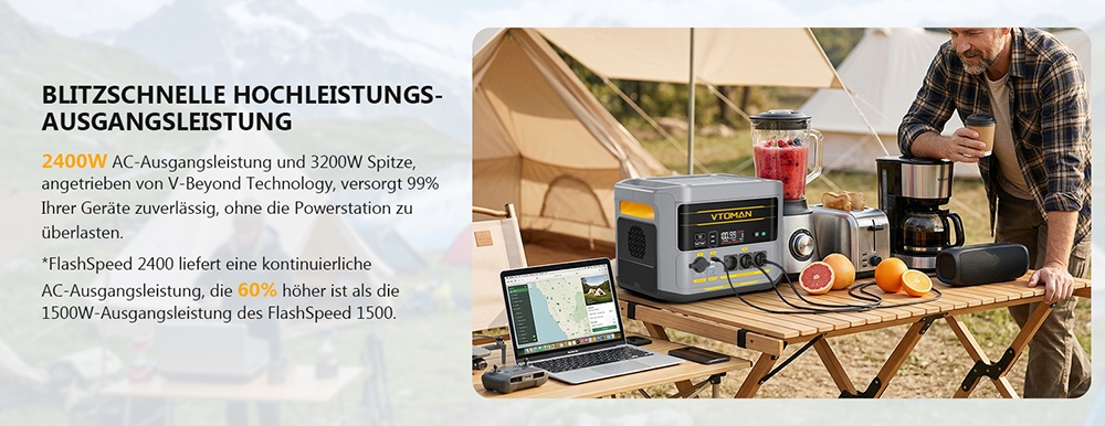 VTOMAN FlashSpeed 2400 Tragbare Powerstation, 1408Wh LiFePO4-Batterie, 2400W AC-Ausgang, 3200W Spitzenleistung, 12 Ausgangsanschlüsse, 100W USB-C, 600W Solar-Eingang, 1500W AC-Eingang, <10ms USV