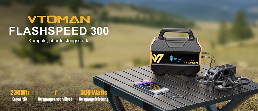 VTOMAN FlashSpeed 300 Tragbare Powerstation, 230Wh LiFePO4-Batterie, 300W AC-Ausgang, 600W Spitzenleistung, 7 Anschl&uuml;sse, 100W USB-C Ein-/Ausgang, 3 USB-A-Anschl&uuml;sse, 12V/10A DC-Ausgang, 90W DC-Eingang