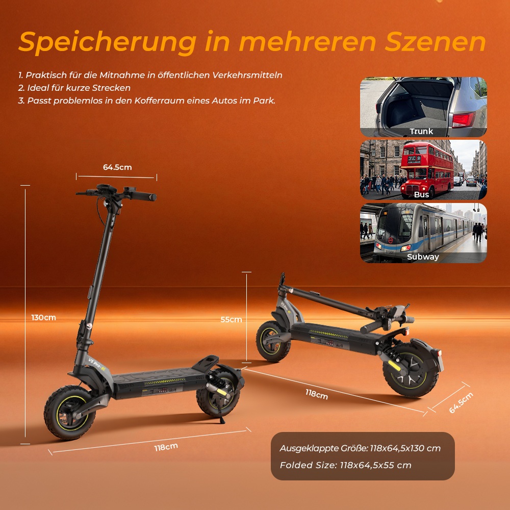 V5 Pro Faltbarer Elektroroller, 500W Motor, 20km/h Höchstgeschwindigkeit, 70km Reichweite, 48V 12,5Ah Batterie, Doppelte Federung, Doppelte Scheibenbremsen + E-Bremse, 10' schlauchlose Offroad-Reifen, APP-Steuerung