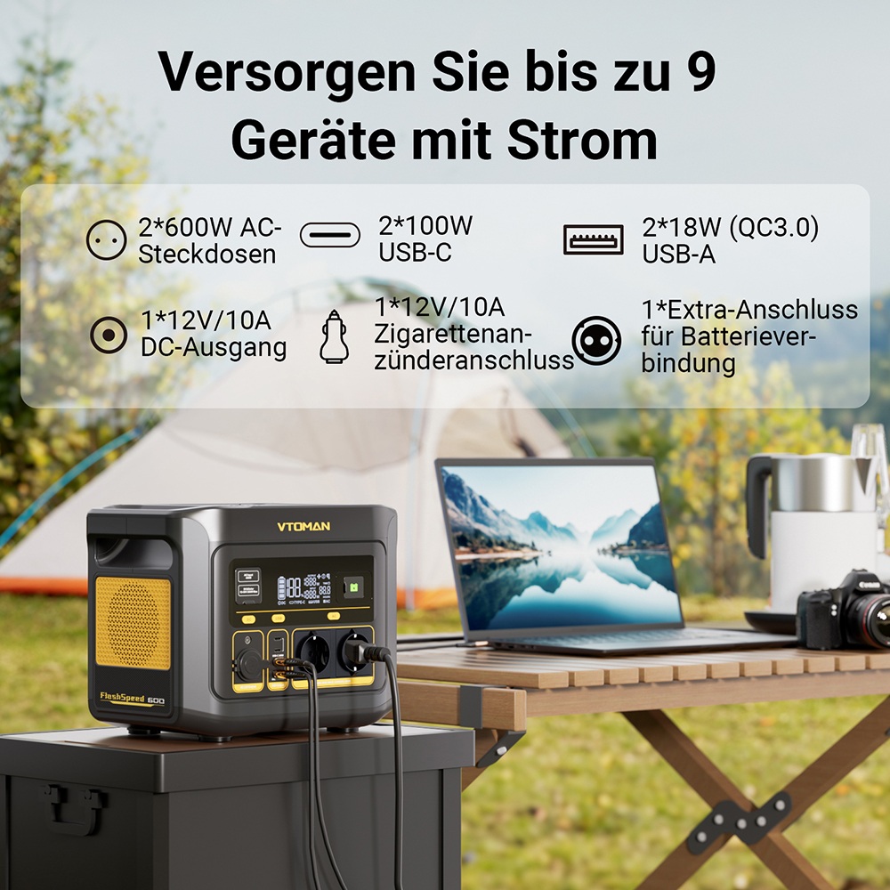 VTOMAN FlashSpeed 600 Tragbare Powerstation, 499Wh LiFePO4-Batterie, 600W AC-Ausgang, 1200W Spitzenleistung, V-Beyond-Technologie, 2×100W USB-C PD, 400W AC-Schnellladung, USV-Backup, erweiterbare Kapazität
