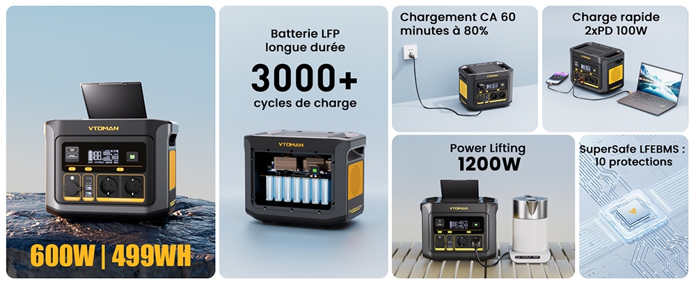 VTOMAN FlashSpeed 600 Station d'alimentation portable, batterie LiFePO4 de 499Wh, sortie AC de 600W, puissance de pointe de 1200W, technologie V-Beyond, 2×100W USB-C PD, charge rapide AC de 400W, alimentation de secours UPS, capacité extensible