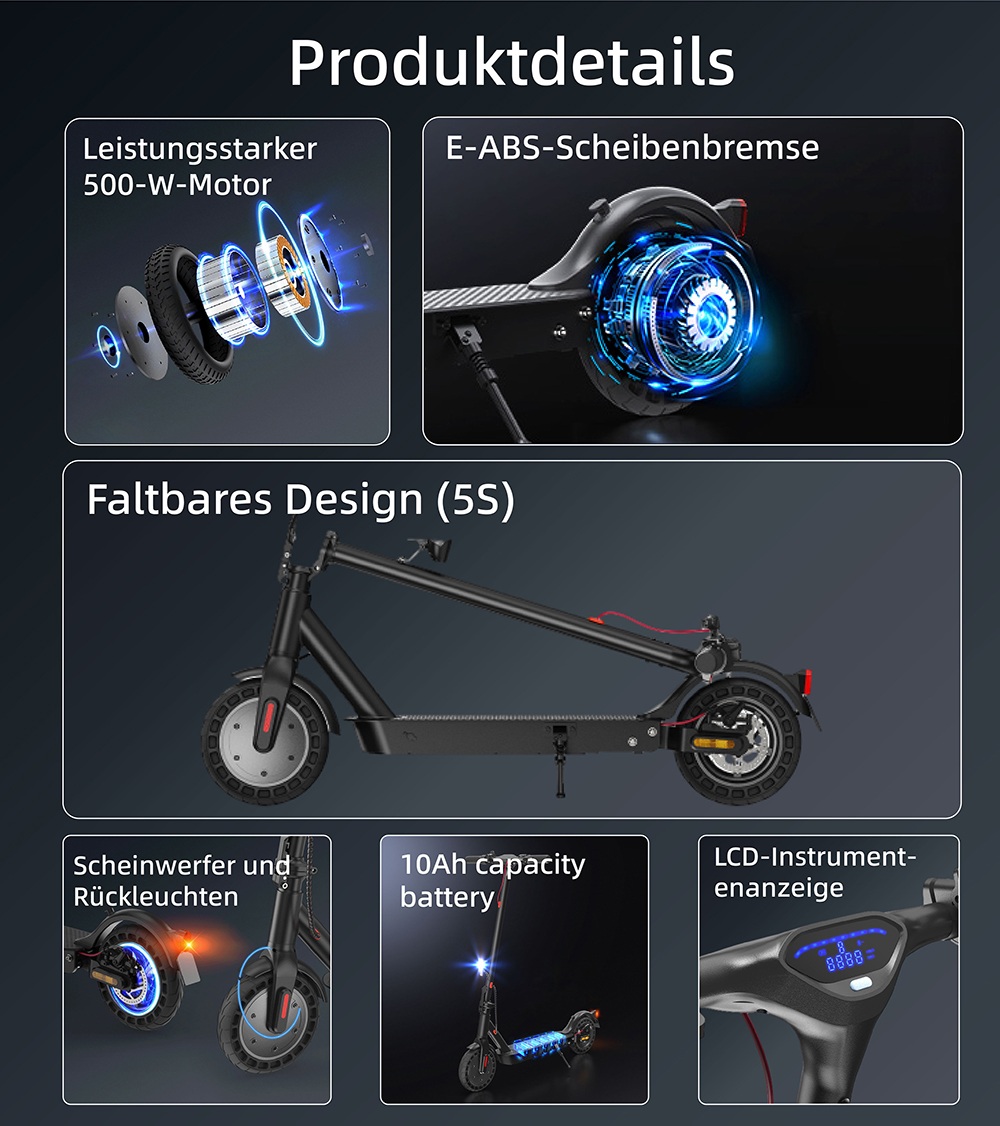 E9T MAX ABE Elektroroller, 500W Motor, 36V10Ah Batterie, 20km/h Geschwindigkeit, 40km Reichweite, 10" Wabenreifen, elektronische Daumenbremse & Scheibenbremse am Lenker, 120kg maximale Belastung