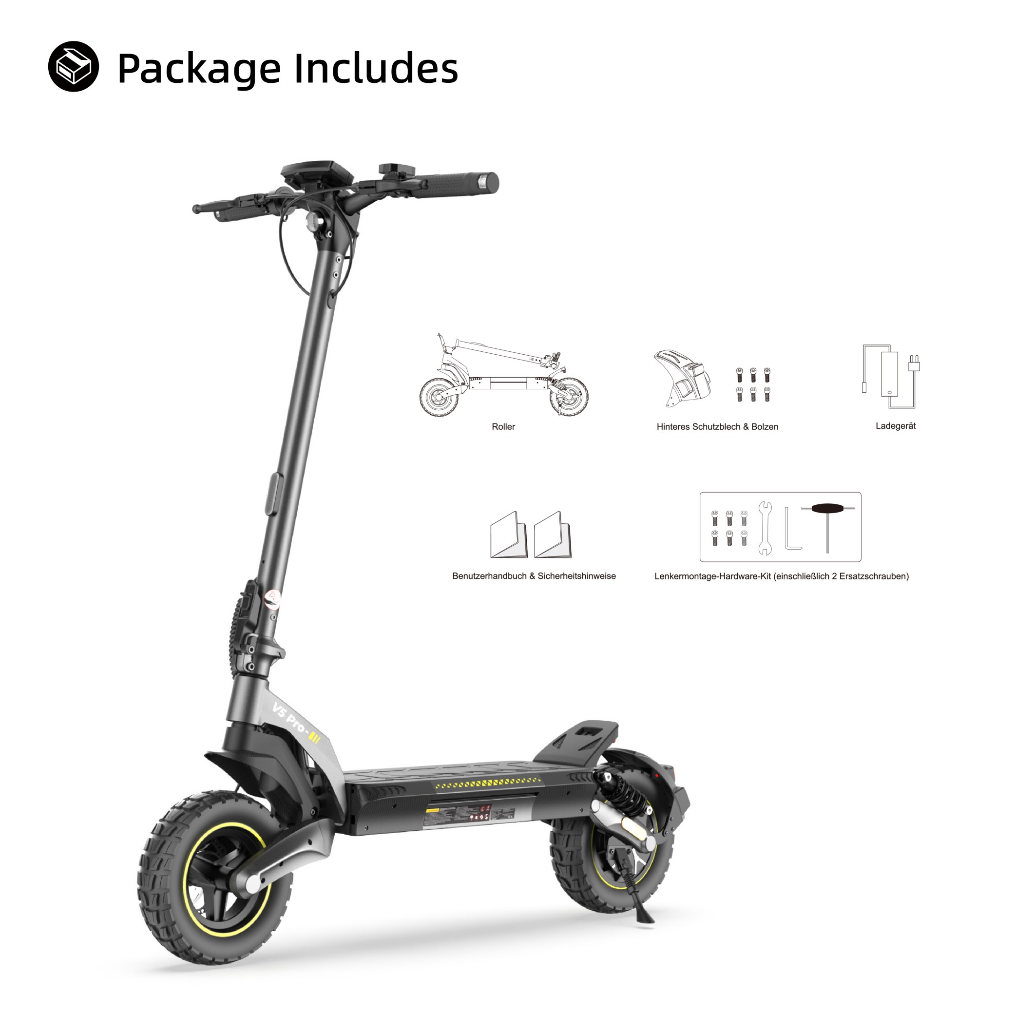 V5 Pro Faltbarer Elektroroller, 500W Motor, 20km/h Höchstgeschwindigkeit, 70km Reichweite, 48V 12,5Ah Batterie, Doppelte Federung, Doppelte Scheibenbremsen + E-Bremse, 10' schlauchlose Offroad-Reifen, APP-Steuerung